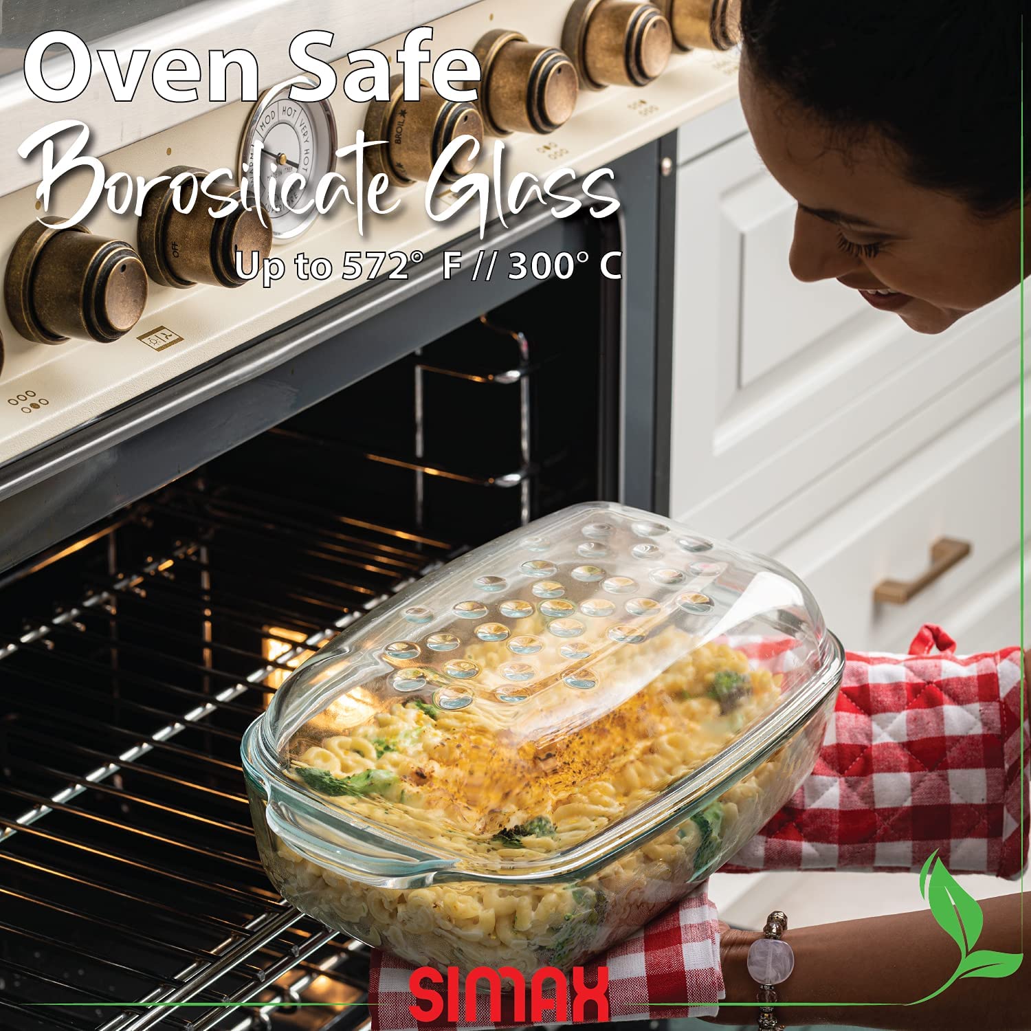 Simax Clear Glass Rectangle Roaster Pan With Lid, Raised Ridges For Fat Free Cooking, Durable Borosilicate Glass, Microwave And