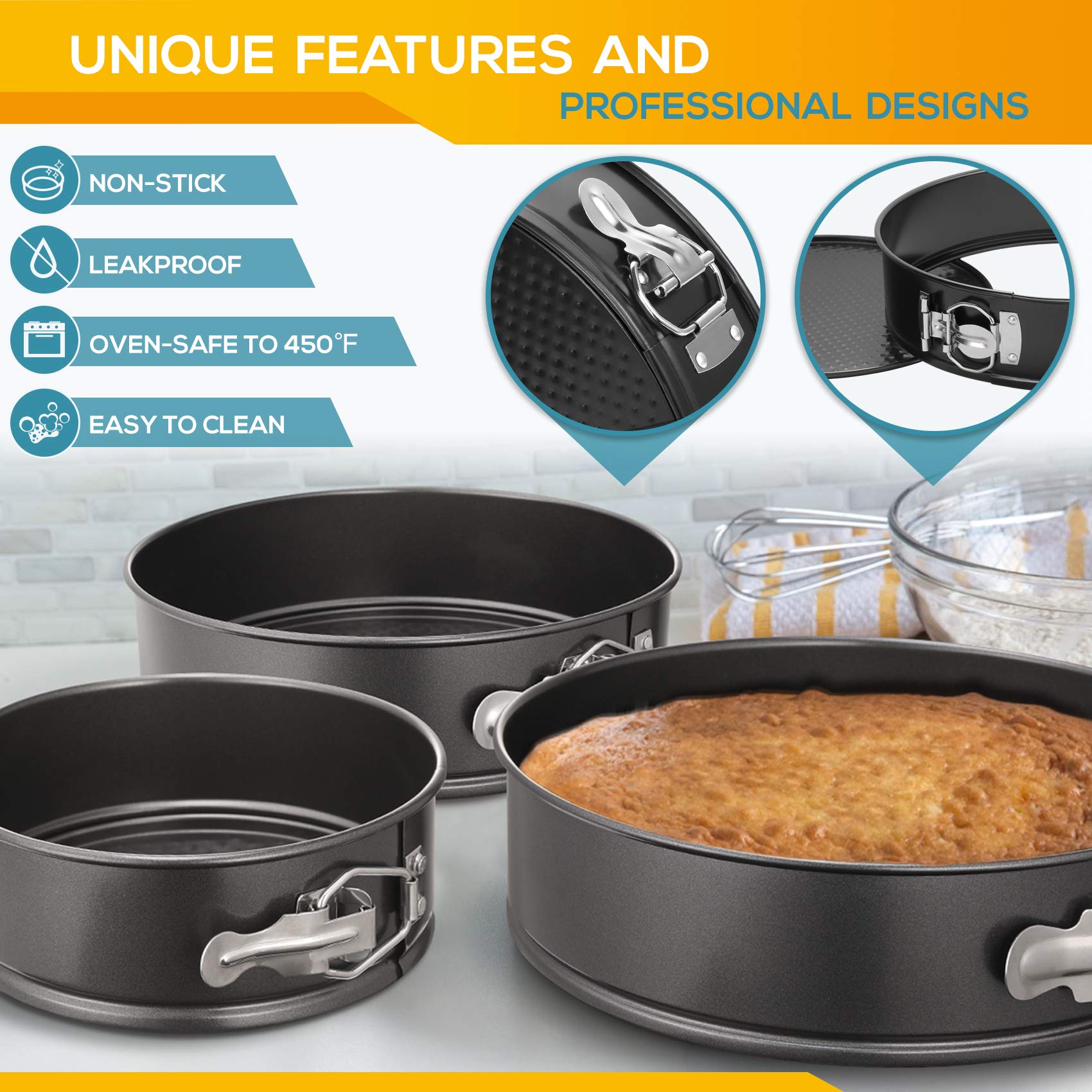 Hiware Springform Pan Set Of 3 Non-Stick Cheesecake Pan, Leakproof Round Cake Pan Set Includes 3 Pieces 6'' 8'' 10'' Springform