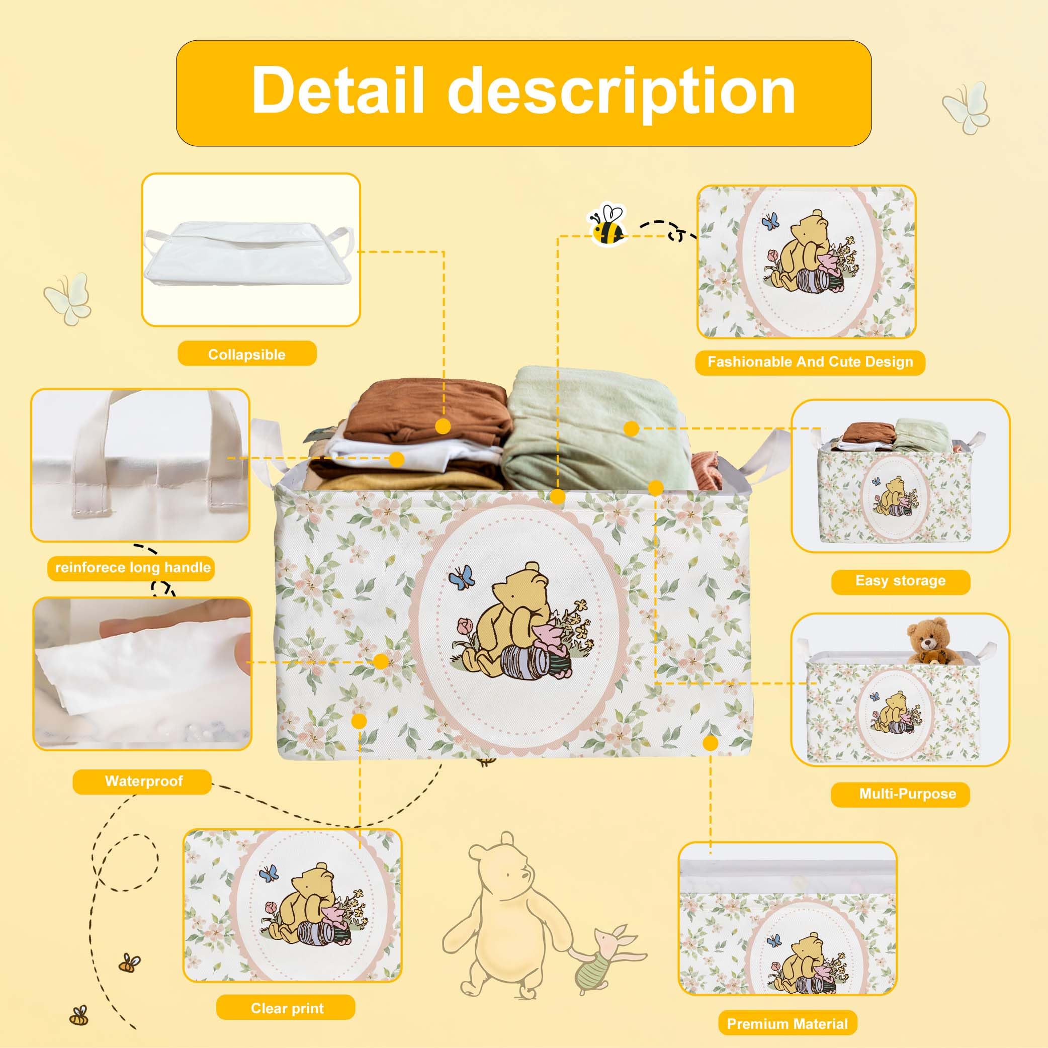 Winnie Nursery Storage Basket With A Waterproof Pe Coating,The Pooh Nursery Baby Stuff Storage Baskets Suitable For Bathroom And