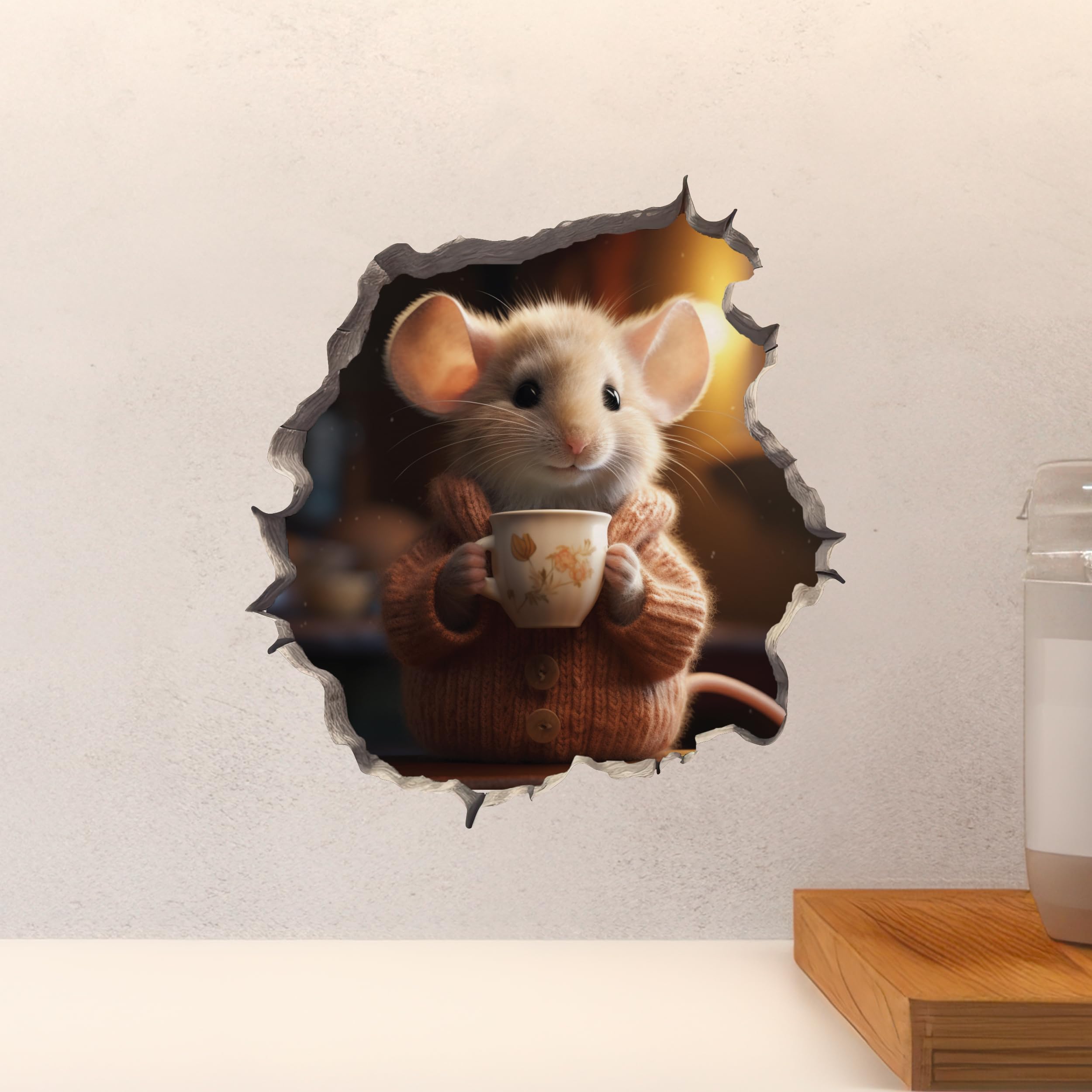 Coffee Lover Mouse Wall Hole Decal - Mouse Wall Sticker With 3D Effect