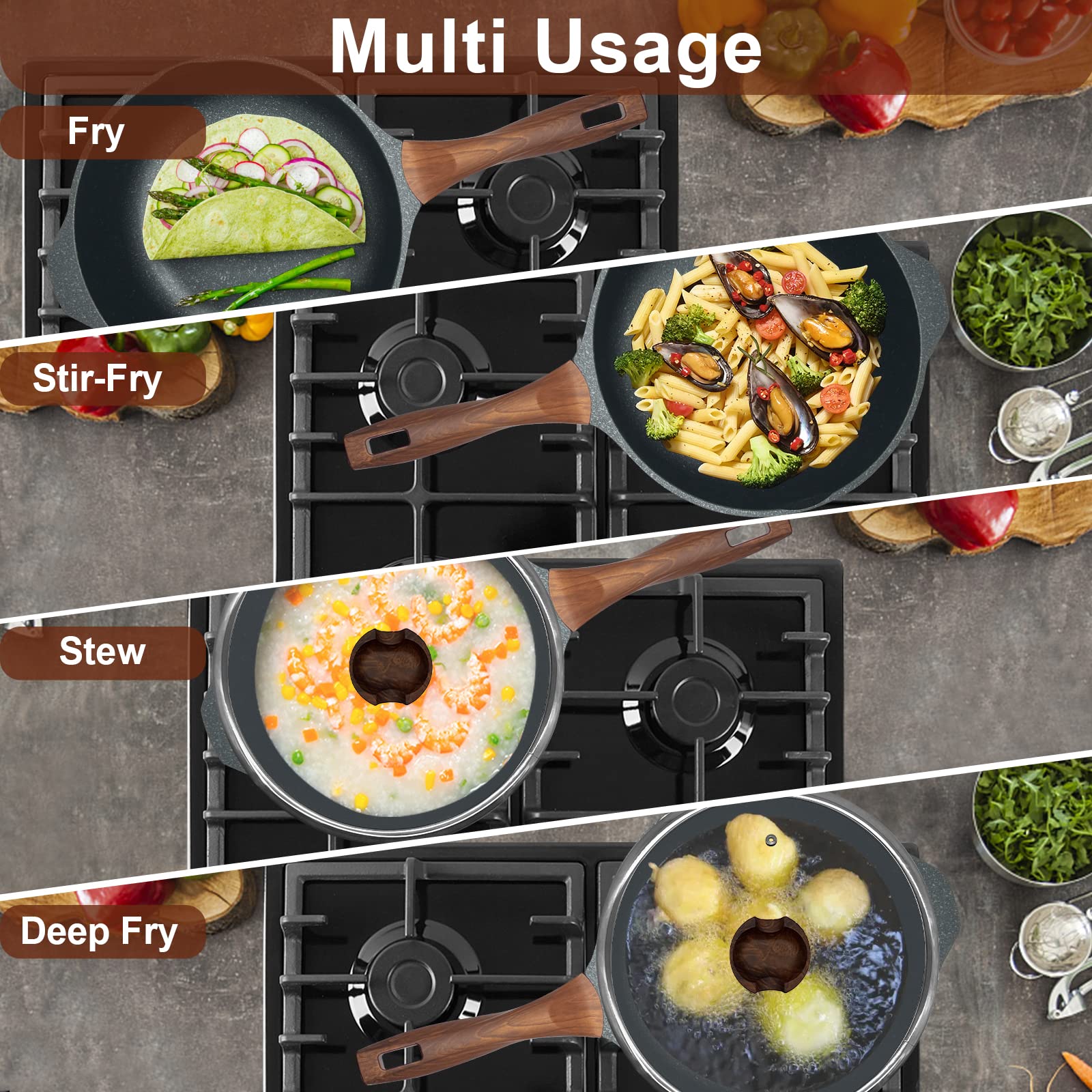 Wacetog Frying Pan With Lid Nonstick Skillet 11 Inch Wok Pan With Flat Bottom Woks & Stir-Fry Pans For Electric, Induction And G