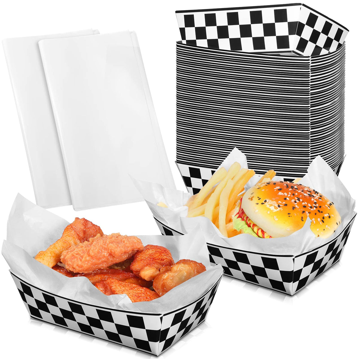 50 Pcs Checkered Paper Food Trays With 50 Deli Liner Disposable Racing Party Food Boat Black And White Plaid Food Serving Tray F
