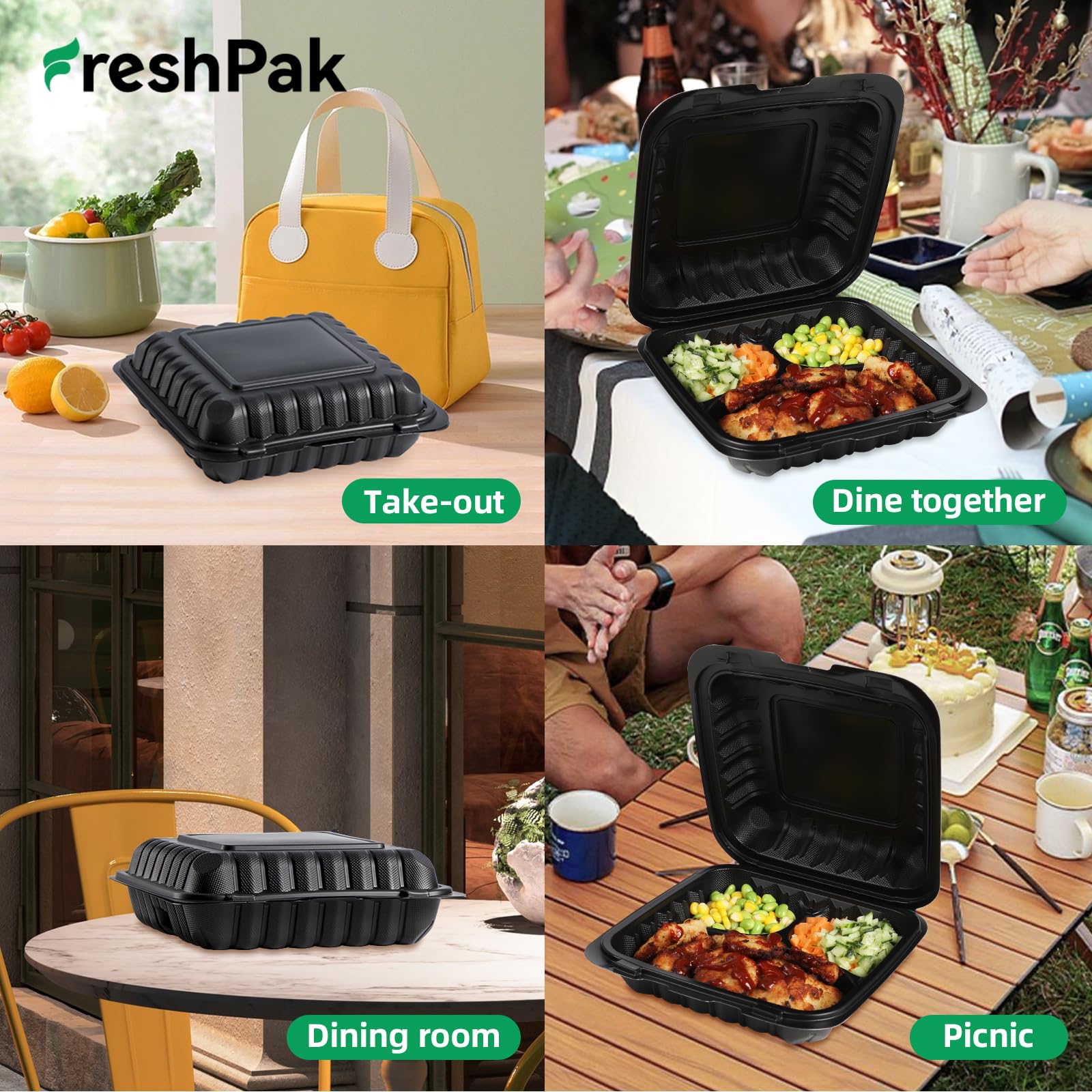 Freshpak Clamshell Food Containers, 55-Pack Plastic Black To Go Containers With Lids For Lunch 34 Oz Reusable Bpa Free 3-Compart
