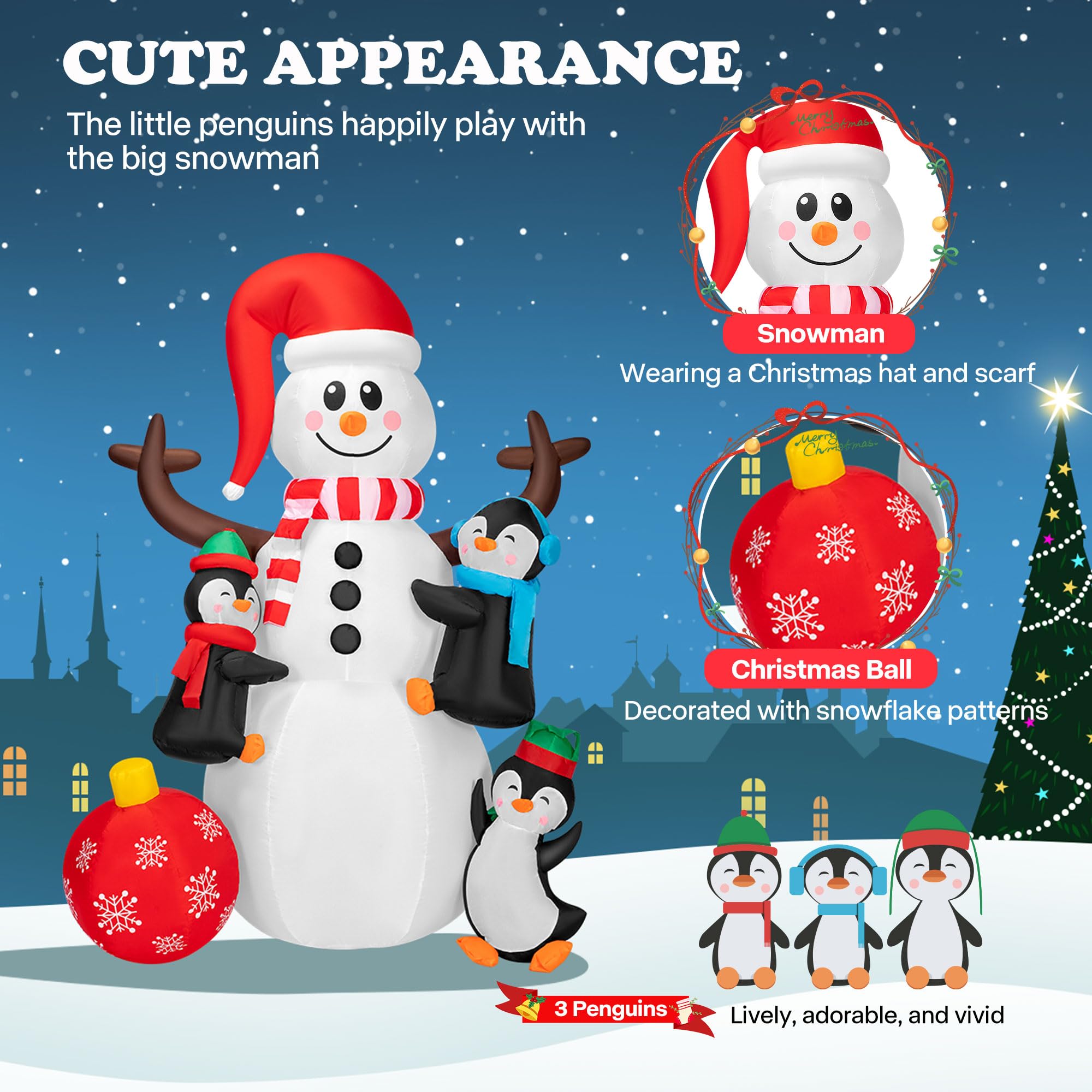 VIVOHOME 6FT Christmas Inflatable Outdoor Decoration, Snowman with Penguin and Red Ball, Navidad Blow Up Yard Decor with Built-i