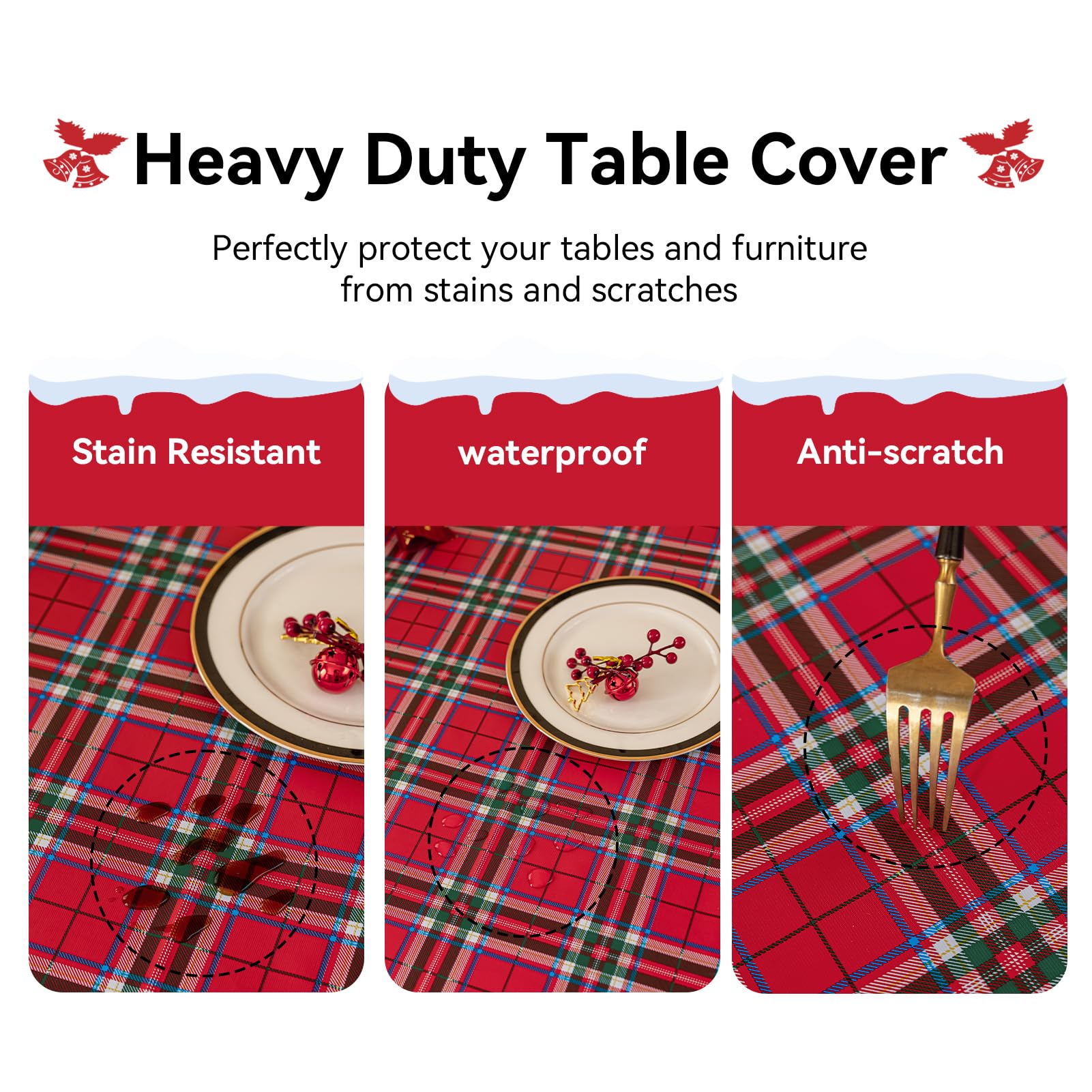 Romanstile Christmas Rectangle Vinyl Tablecloth, 100% Waterproof Oil-Proof Checkered Pvc Table Cloth, Heavy Duty Xmas Plastic Ta