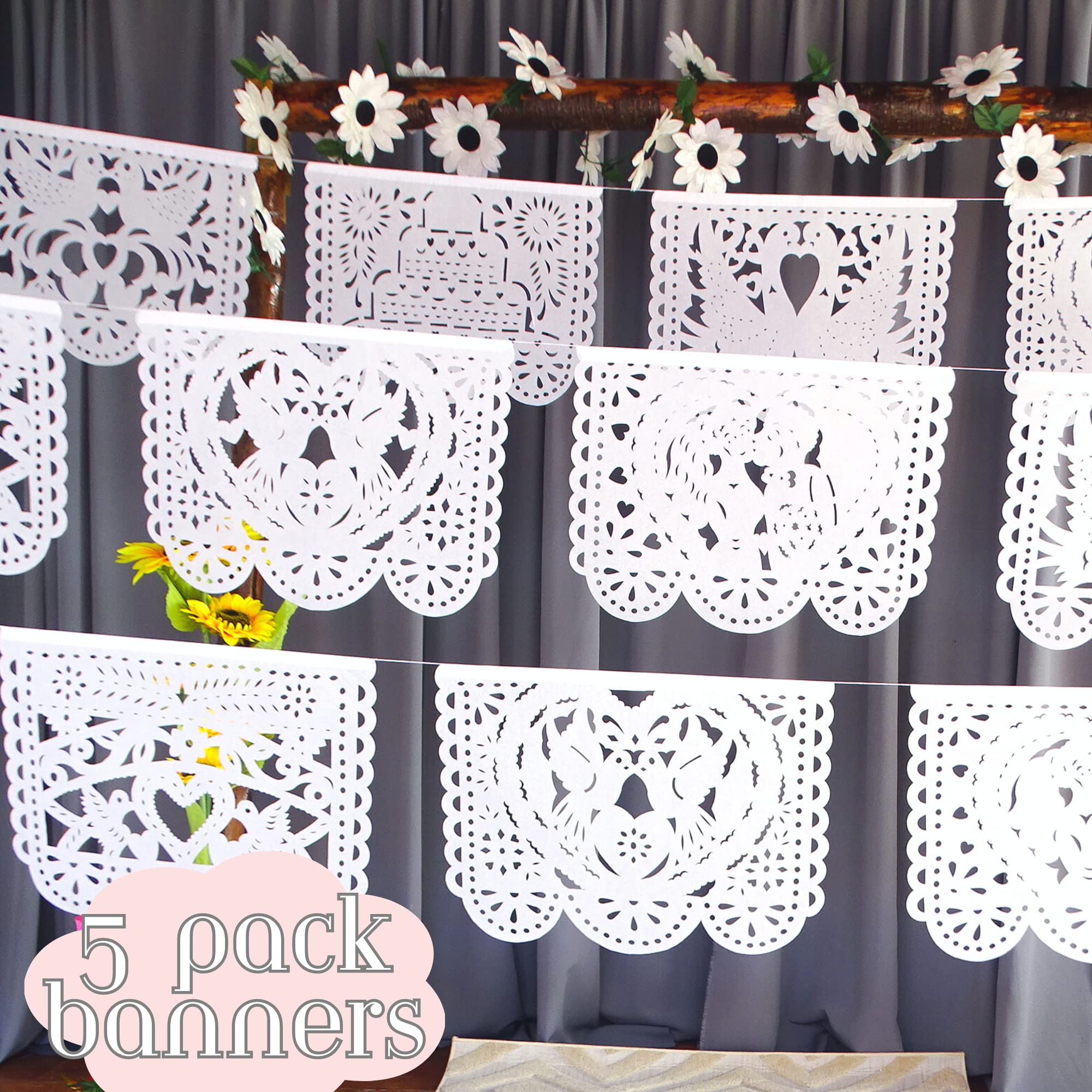 Papel Picado Wedding Garlands, Mexican Wedding Decorations, White Papel Picado Flags For Weddings, Bridal Showers, Paper Mexican