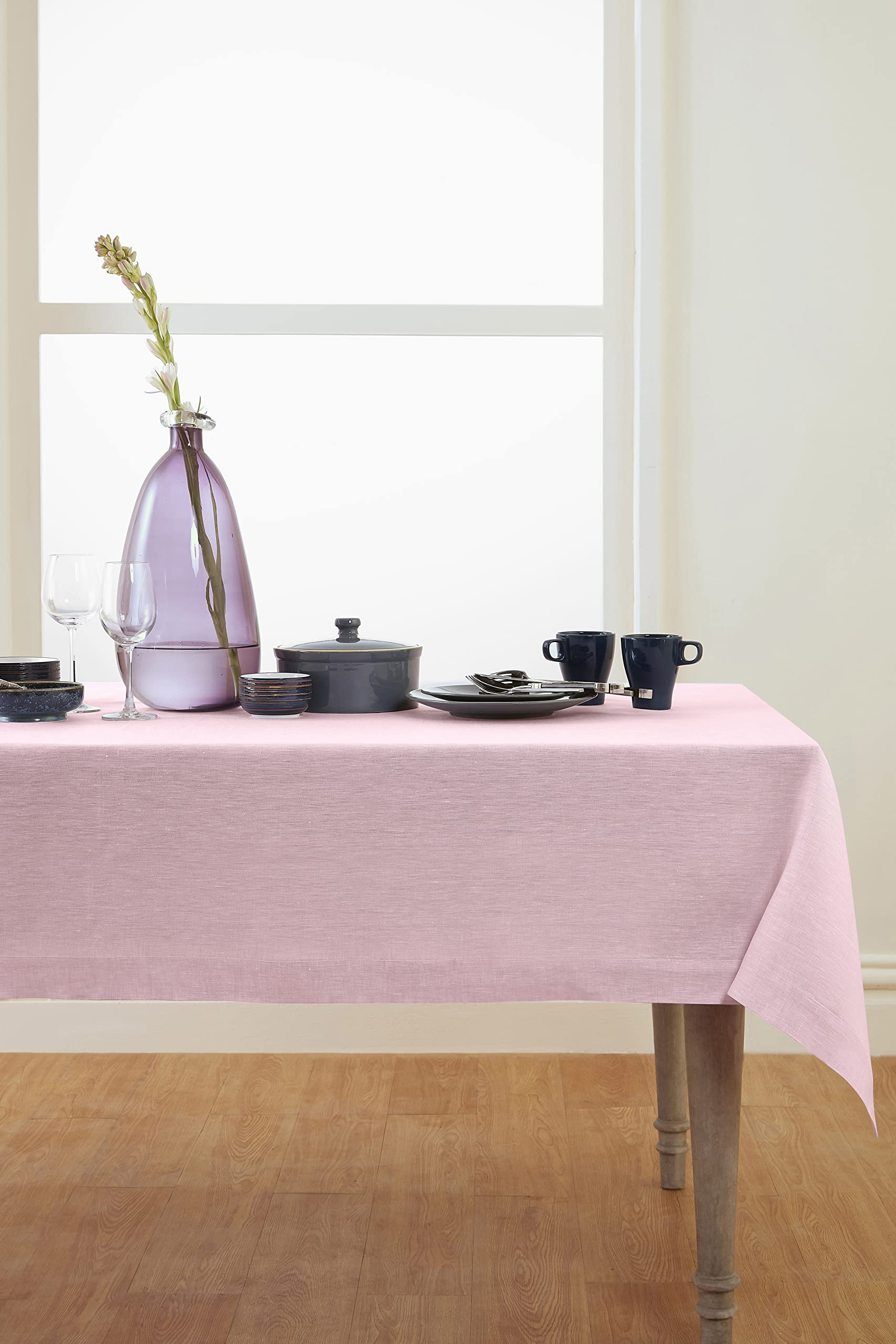 Solino Home Linen Tablecloth 120'' L X 60'' W Inch - 100% Pure Linen Bubblegum Pink Table Cloth For Rectangle Tables - Athena, M