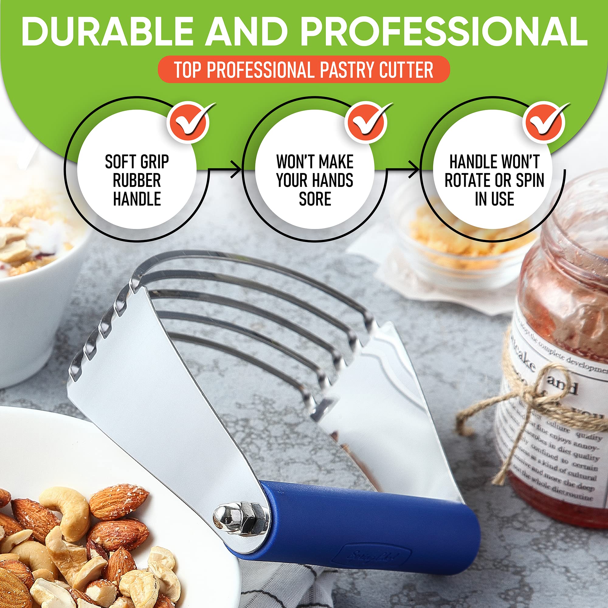 Spring Chef Large Dough Blender For Baking, Stainless Steel Puff Pastry Cutter Tool with Sharp Blades, Manual Dough Mixer, Dishw