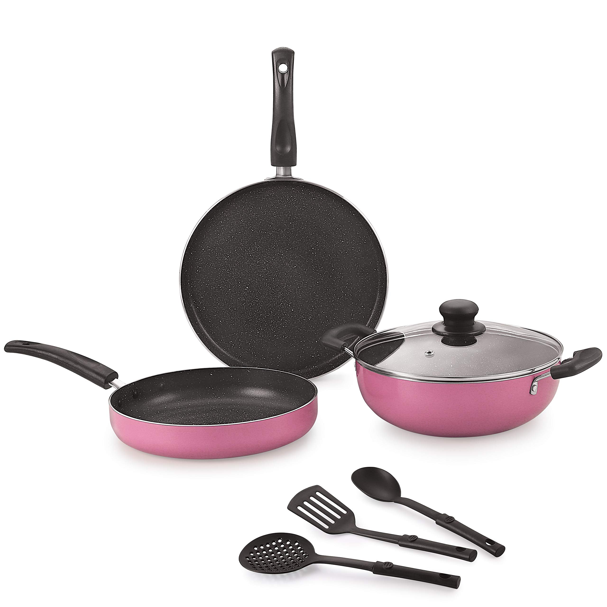 Nirlon Orchid Granite Non Stick Aluminium Cookware Gift Set Of Flat Dosa Tawa/Fry Pan/ 3 Spoon/ Kadhai With Glass Lid  (Gas & S
