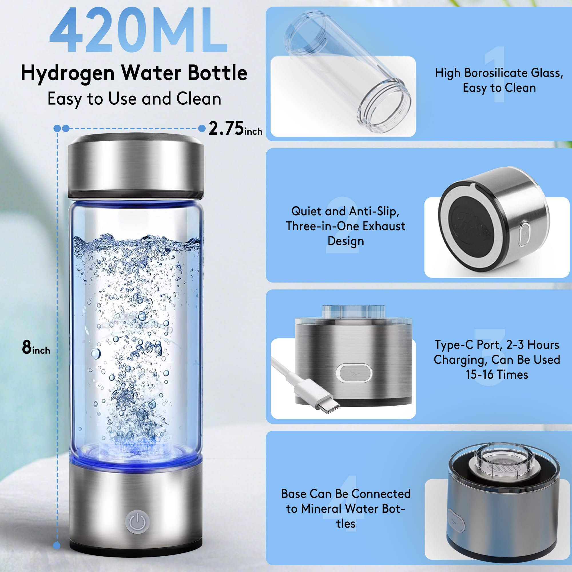 2025 New Hydrogen Water Bottle, 2200PPB in 3Min, SPE PEM Tech, Portable 16OZ, Rechargeable Hydrogen Water Bottle for Travel, Hom