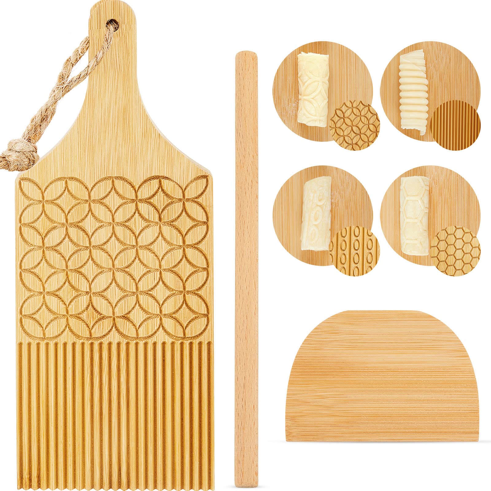 Tessco 3 Pieces Gnocchi Board Garganelli Pasta Board with Roller and Cutter for Pasta Maker Gnocchi Roller Kitchen Gift Ideas (D