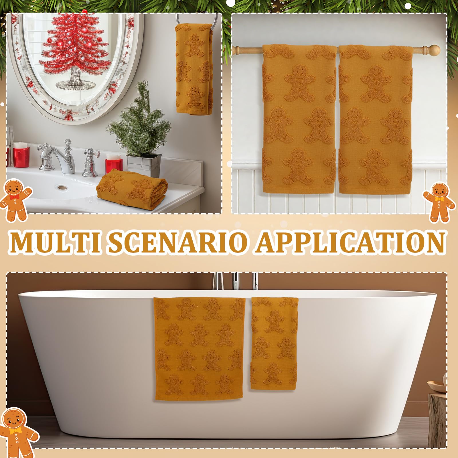 Breling 2 Pcs Christmas Hand Towels Brown Gingerbread Man Bathroom Decorative Towels 100% Cotton Absorbent Jacquard Weave Bath D