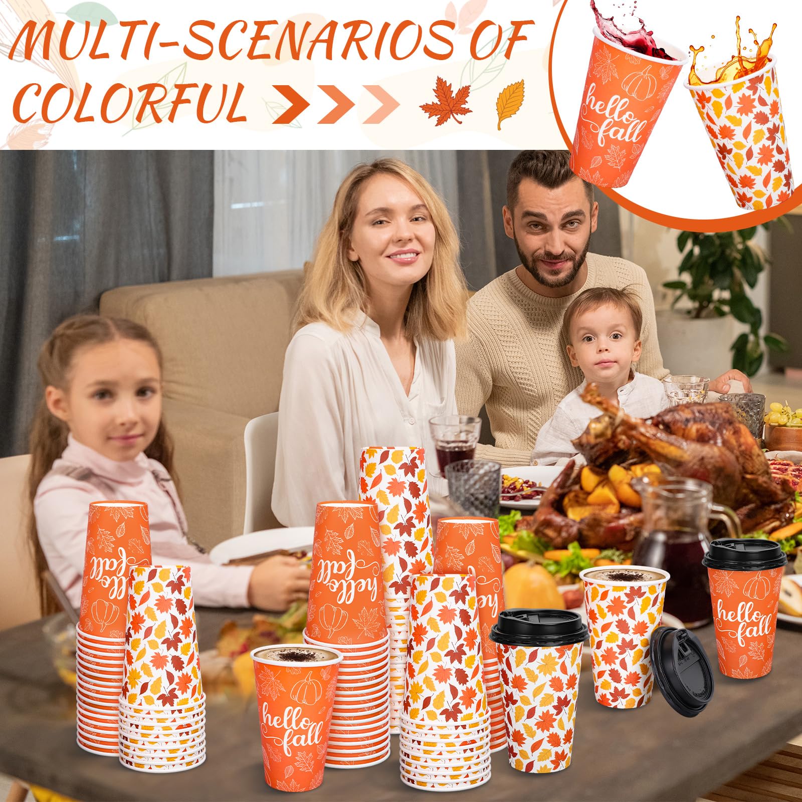 Whaline 50 Pcs Hello Fall Coffee Paper Cups Autumn Leaves Pumpkin 16oz Disposable Cups with Lids for Hot Cold Drinks Thanksgivin