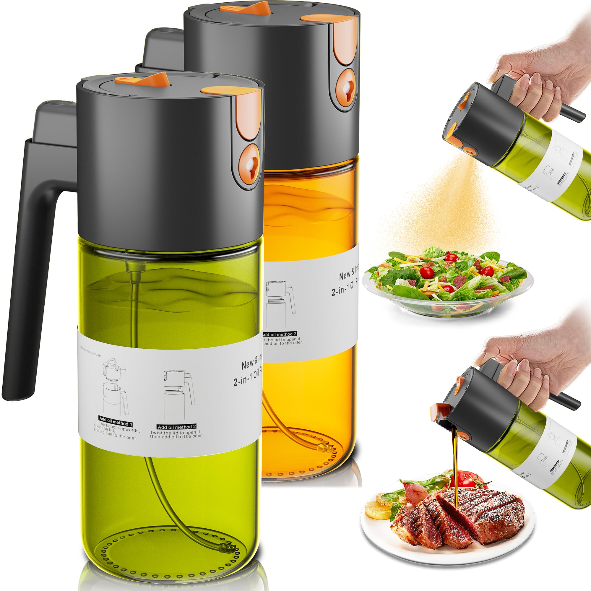 OURCABECUE Upgrade 2 in 1 Oil Sprayer for Cooking, 17oz Light-Blocking Glass Olive Oil Dispenser Bottle for Kitchen (Green+Brown