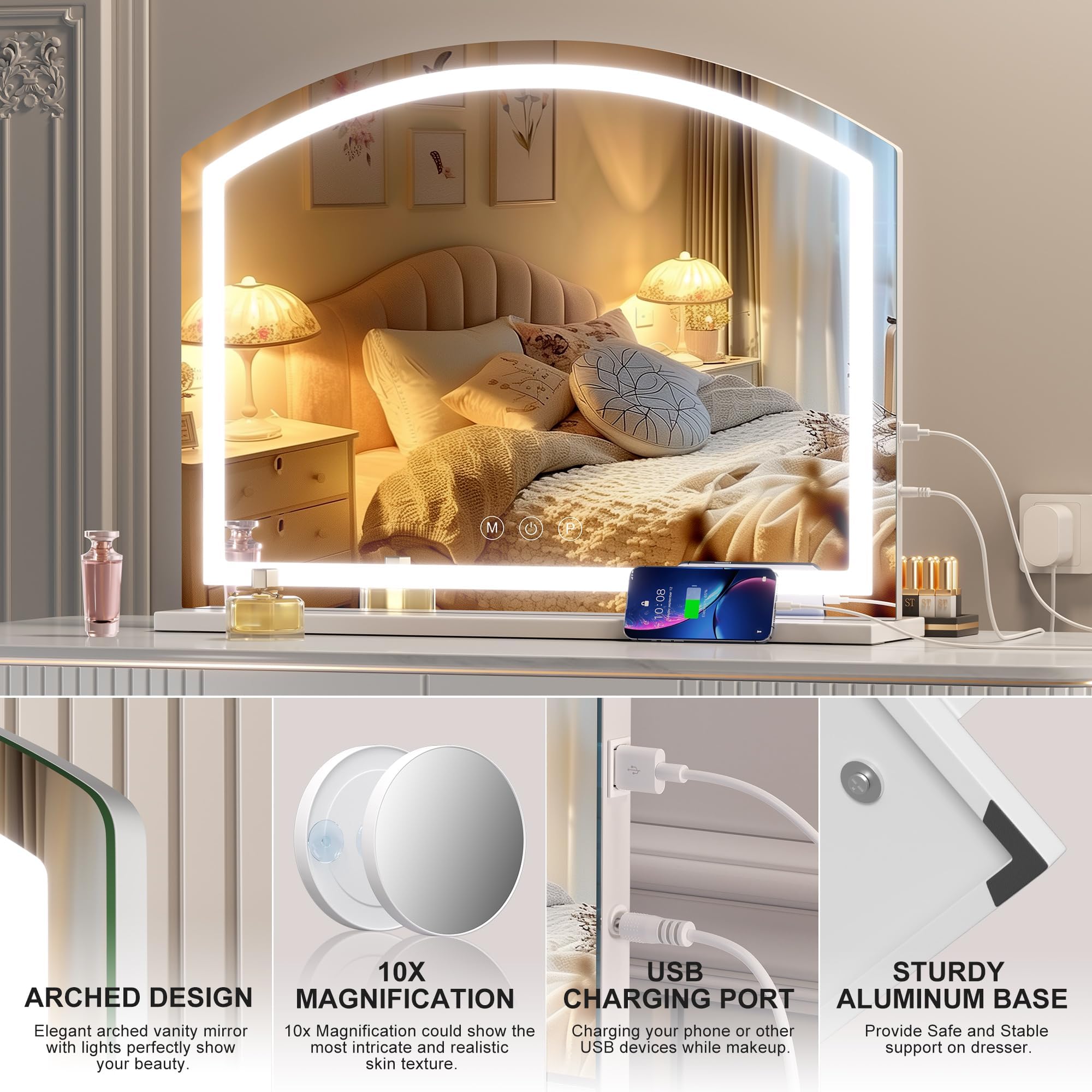 Hasipu Arch Vanity Mirror With Light, Arched Led Makeup Mirror With 10X Magnification, Tabletop Desk Mirror With Usb Charging Po