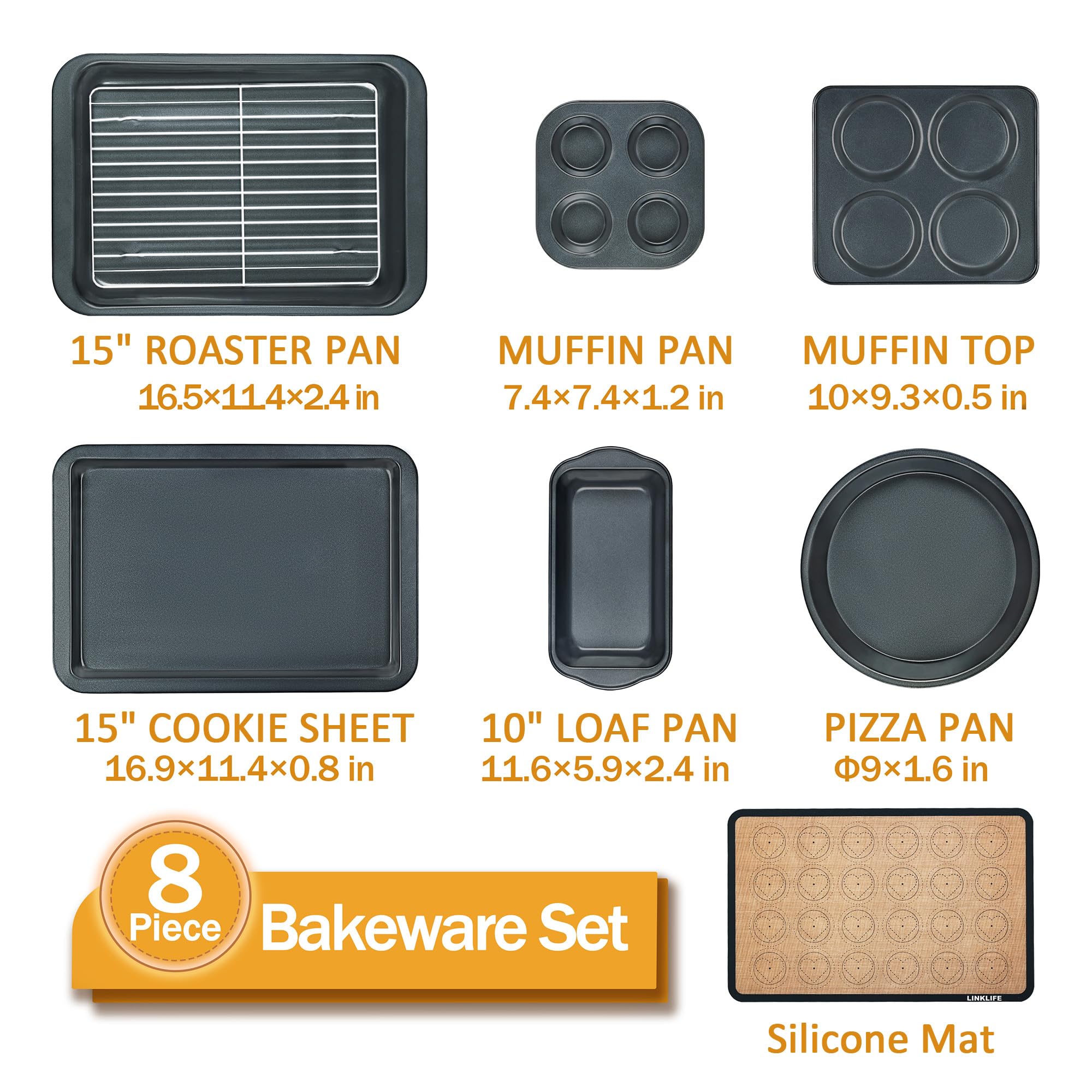 8-Piece Baking Pans Set With Rack, Nonstick Bakeware Include Muffins & Muffin Tops Pan, Baking Tray, Cookie Sheet With Mat, Loaf