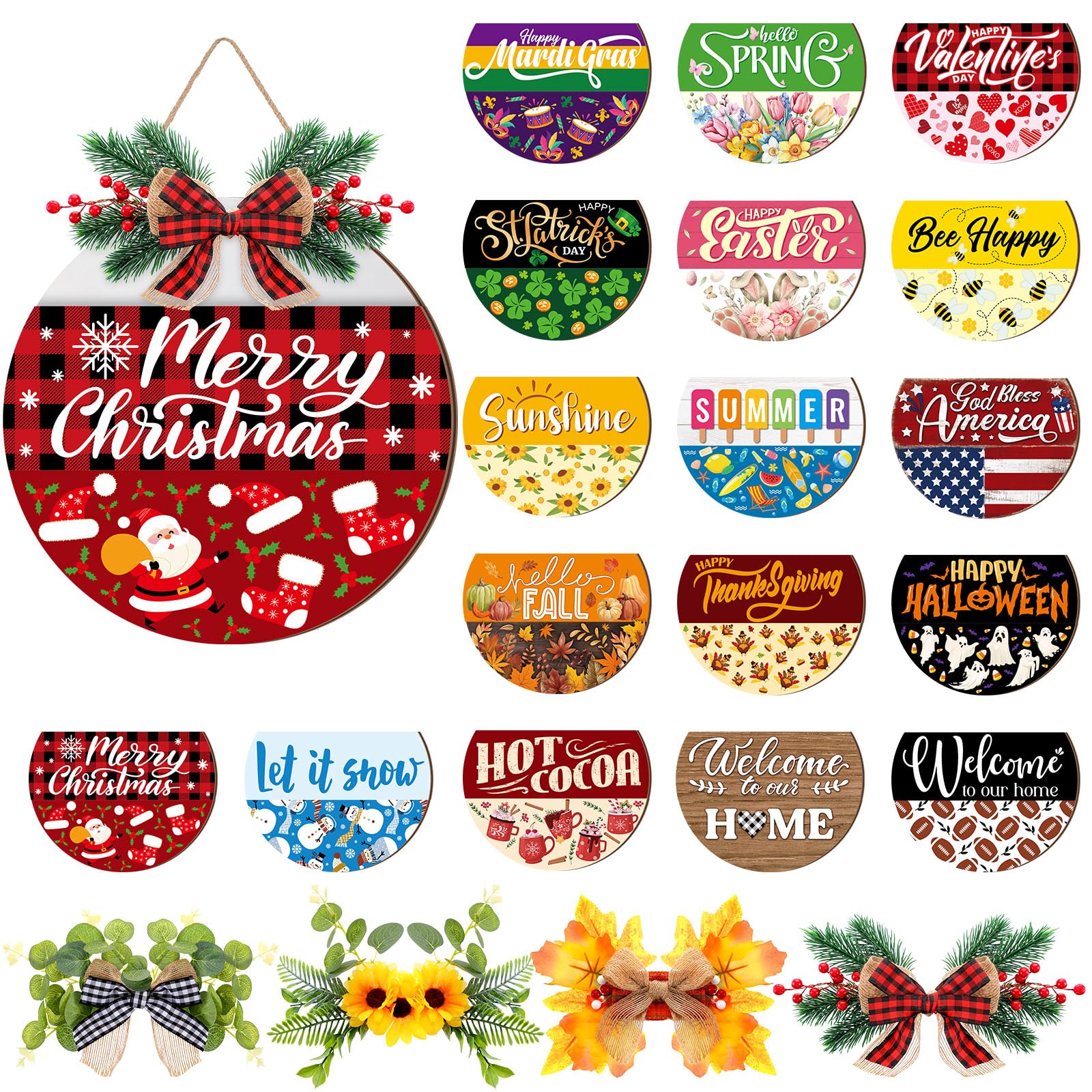 Vicenpal Interchangeable Welcome Sign for Front Door with 17 Magnetic Icons, Wooden Seasonal Front Porch Door Decor with 4 Seaso