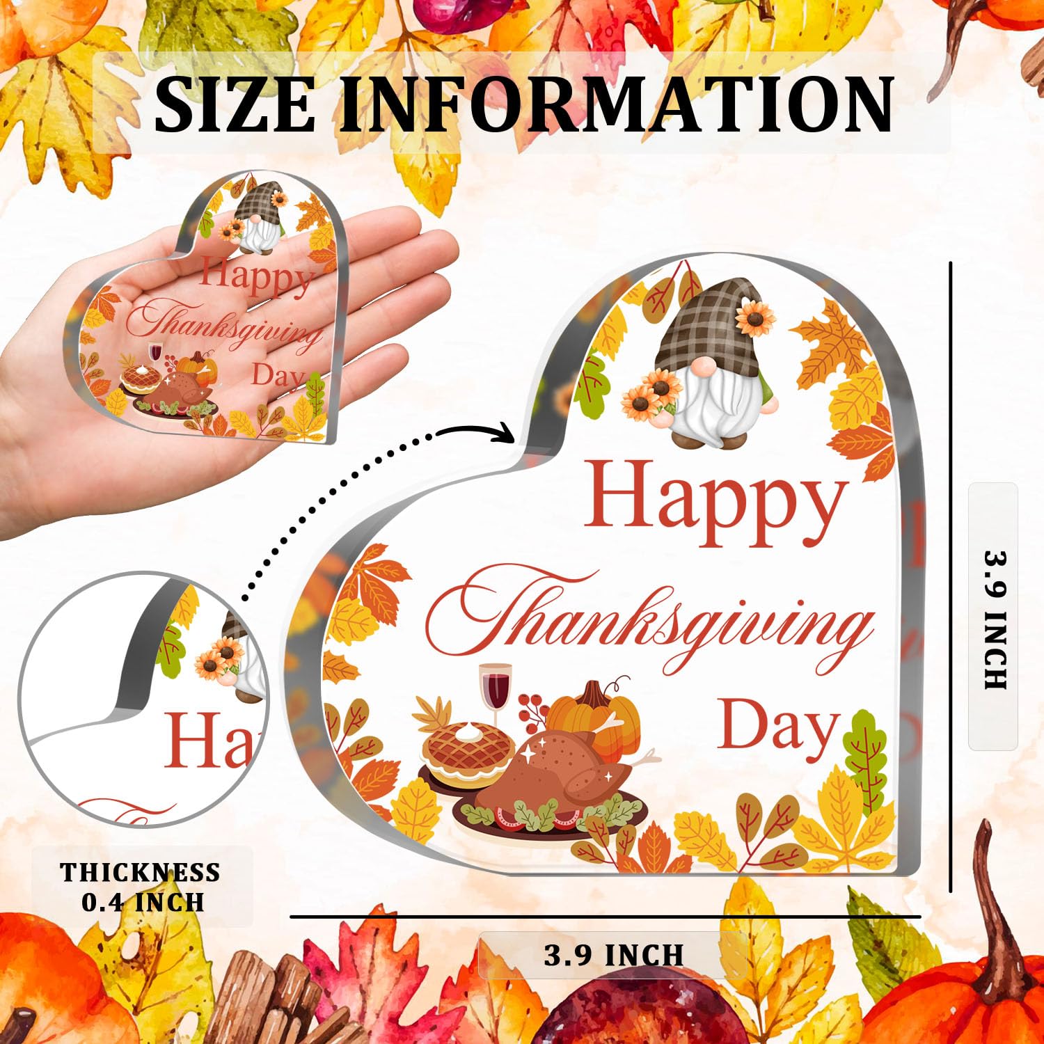 Happy Thanksgiving Gifts for Women Men, Pumpkin Gnomes Decorations Sign for Home Office, Autumn Acrylic Heart Shaped Plaque, Fal