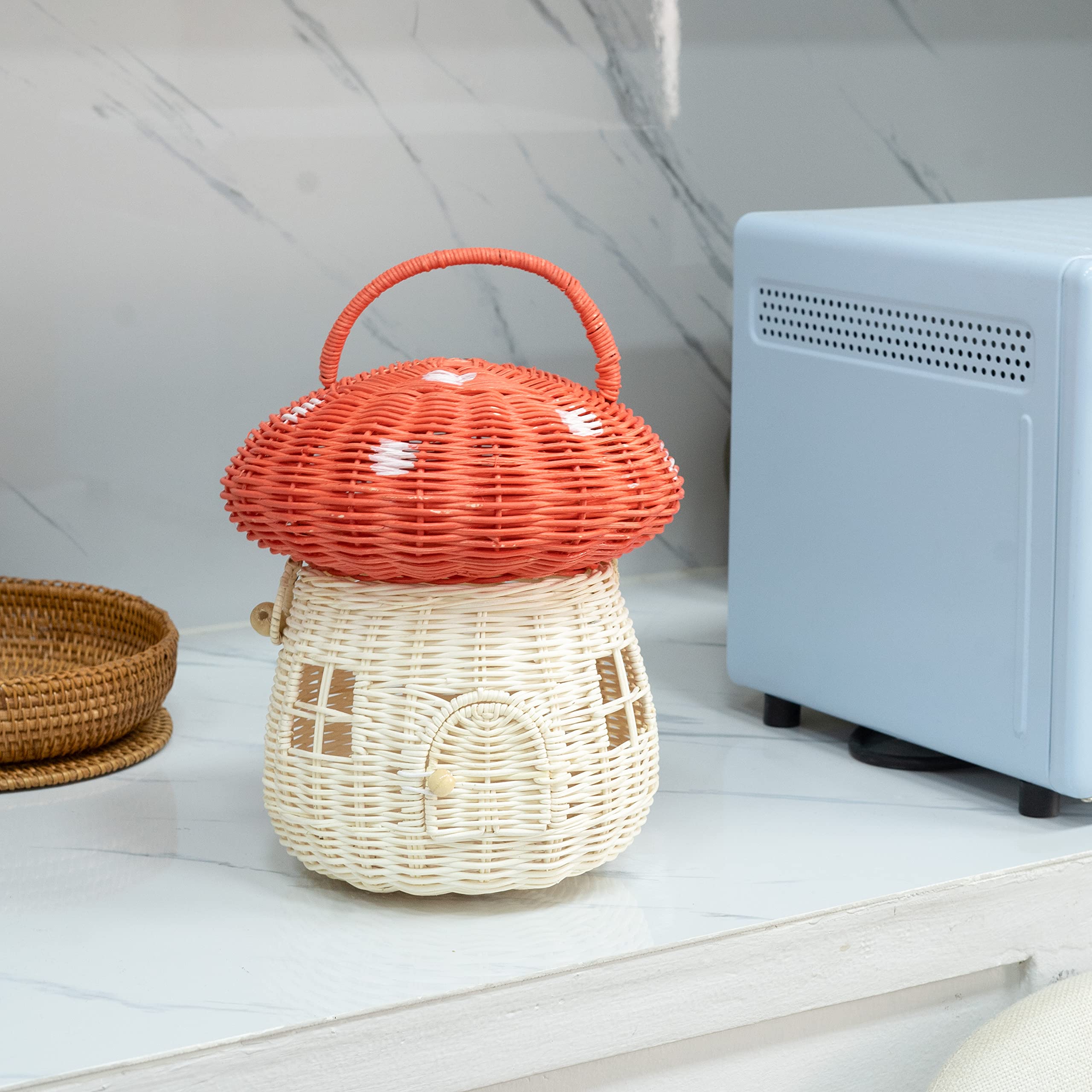 Kolwoven Mushroom Basket- Mushroom Home Decor Box With Lid Shelves- Rattan Mushroom Newborn Photography Props In Tent, Kitchen -