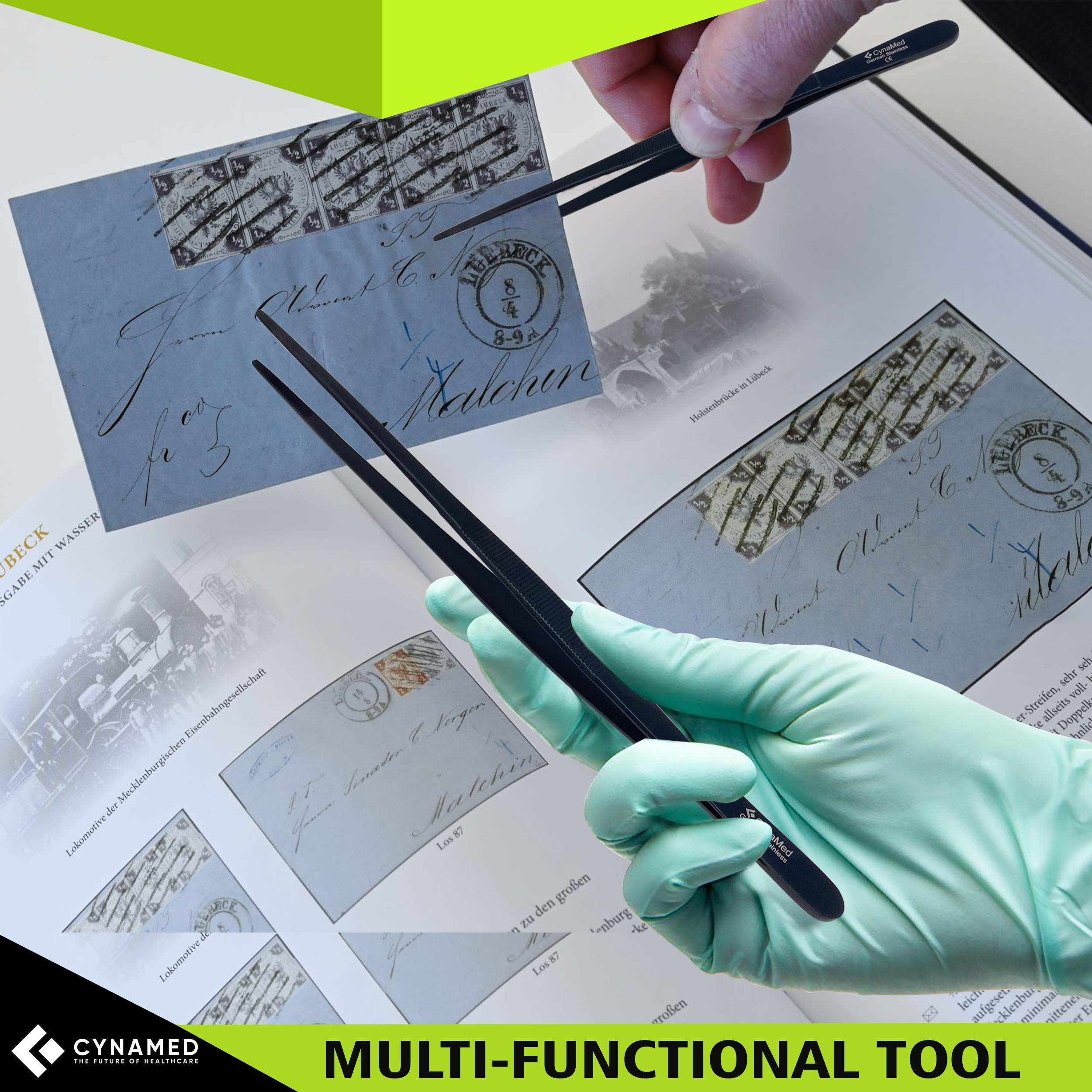 Cynamed 10    Kitchen Premium Tongs Tweezers Stainless Steel, Long With Precision Serrated Tips (Black)