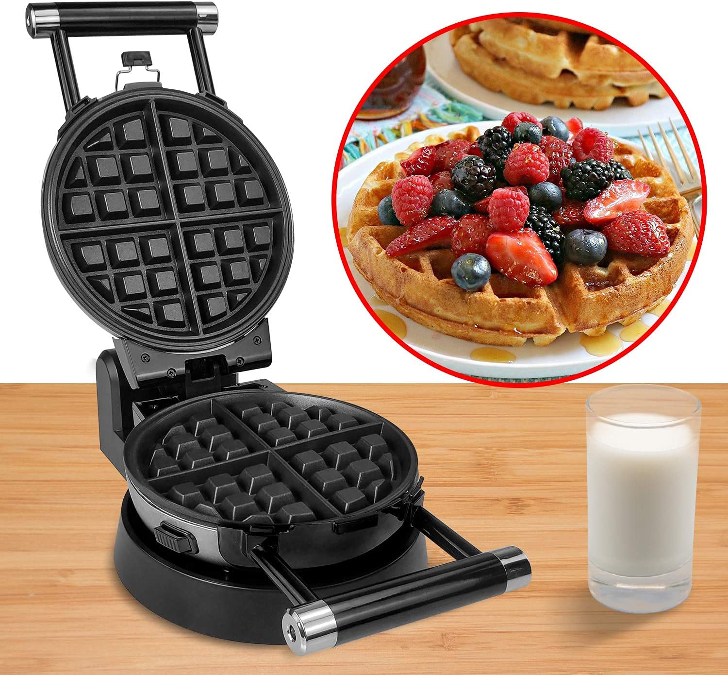 Health and Home 360 Rotating Belgian Multifunction Nonstick Baking Waffle Maker with 2 sets of Interchangeable Belgian Waffle and Omelet Baking plates