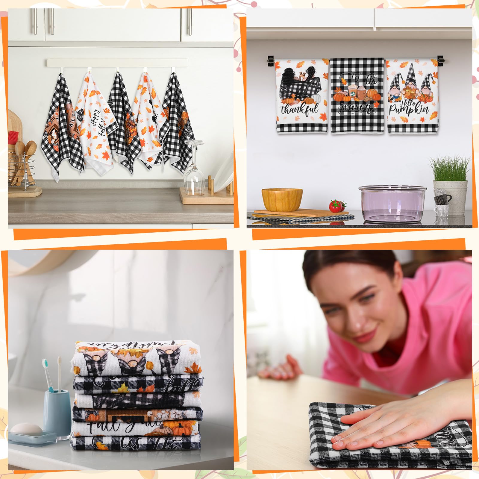Windkream 6 Pieces Fall Thanksgiving Kitchen Towels Pumpkin Gnome Dish Towels Autumn Bathroom Hand Towels 21.26 x 14.17 Inch Buf