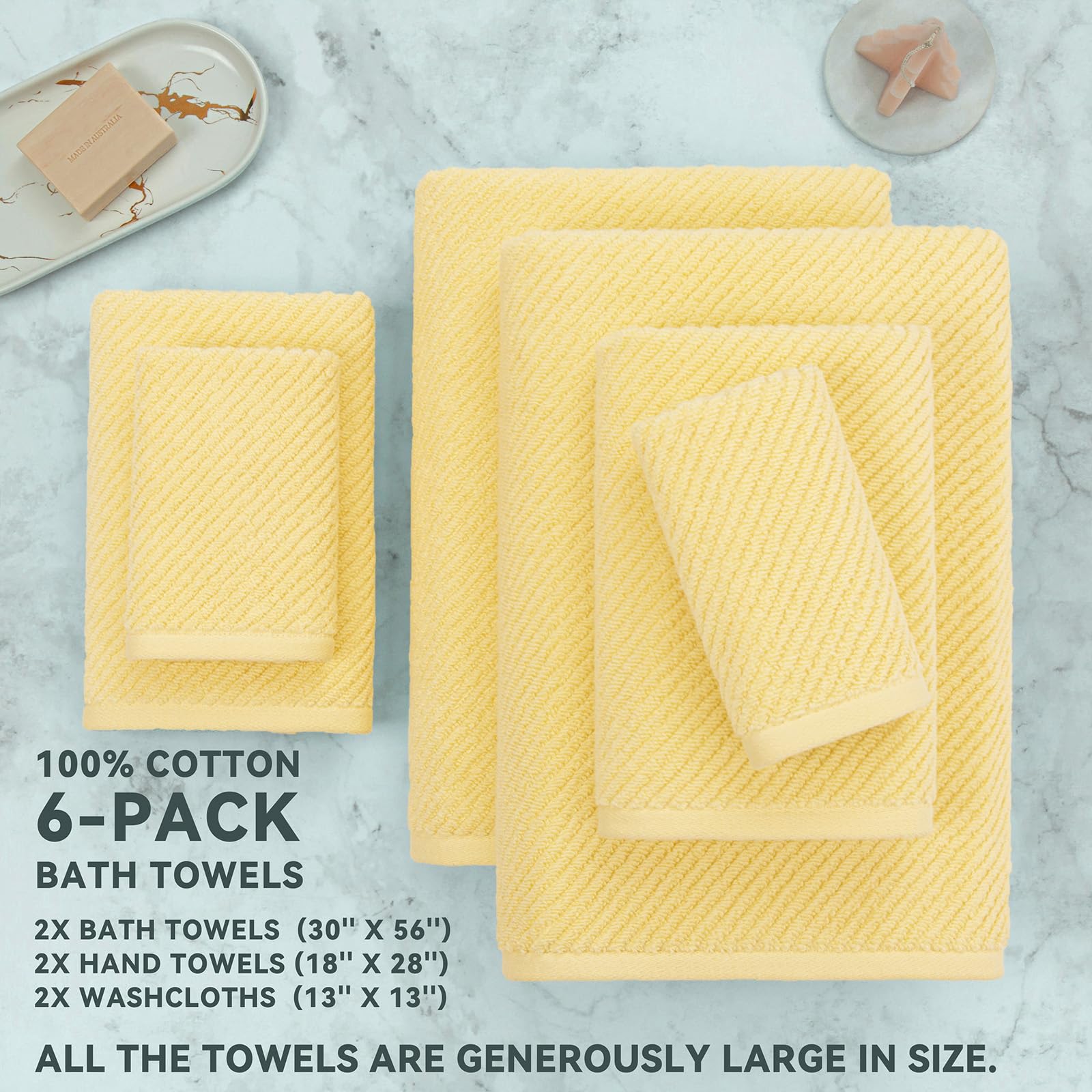 Yellow Towels For Bathroom - 100% Cotton | Quick Dry | Light Weight | Thick | Soft , 6 Piece Towel Set, 2 Large Bath Towels 30''