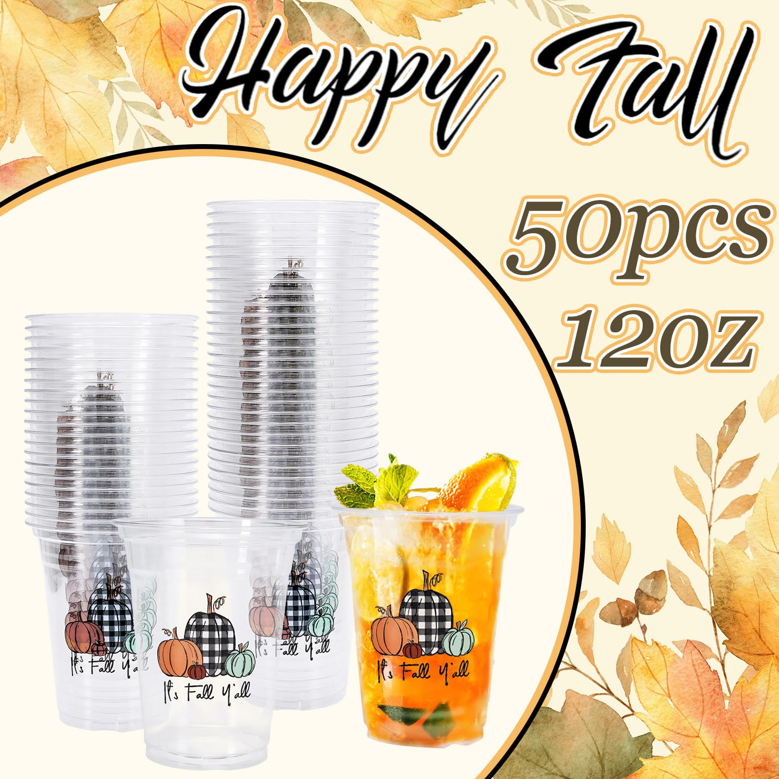 Whaline 50 Pieces 12 oz Fall Disposable Cups Black White Plaid Pumpkin Plastic Party Cups Happy Fall Clear Plastic Glasses for A