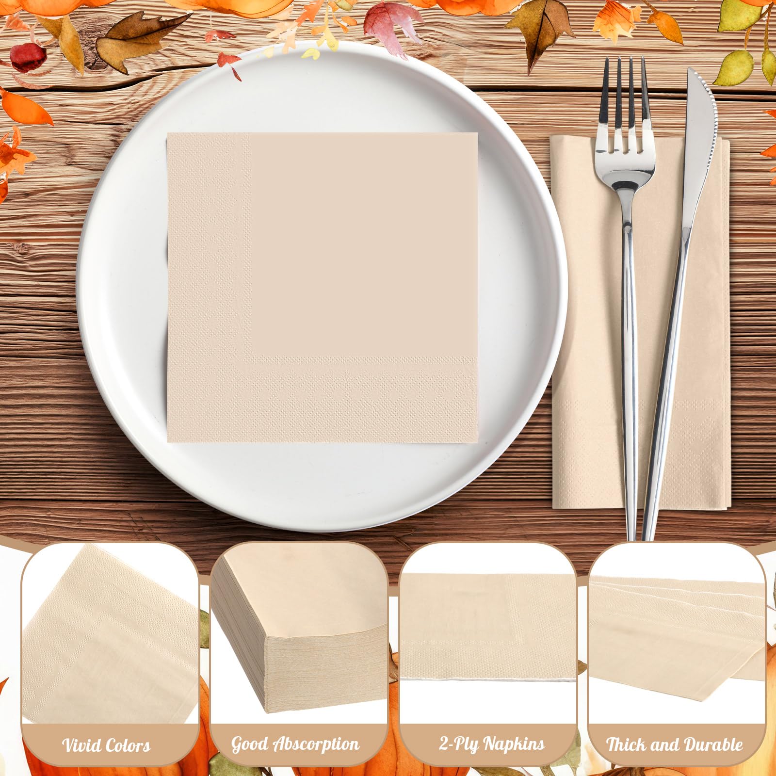 Teling 100 Pcs Cream Paper Napkins Disposable Beige Napkins for Fall Holidays Wedding Home Luncheon Reception Tea Party Dining S