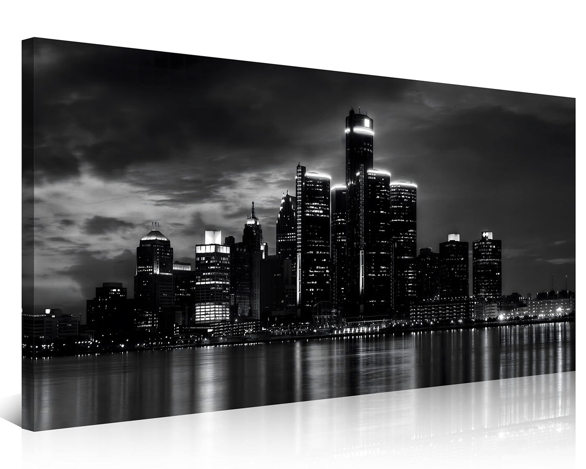 Nan Wind Detroit Skyline Canvas Wall Art Cityscape Night Scene Black & White City Art Print On Canvas Modern Giclee Framed Paint