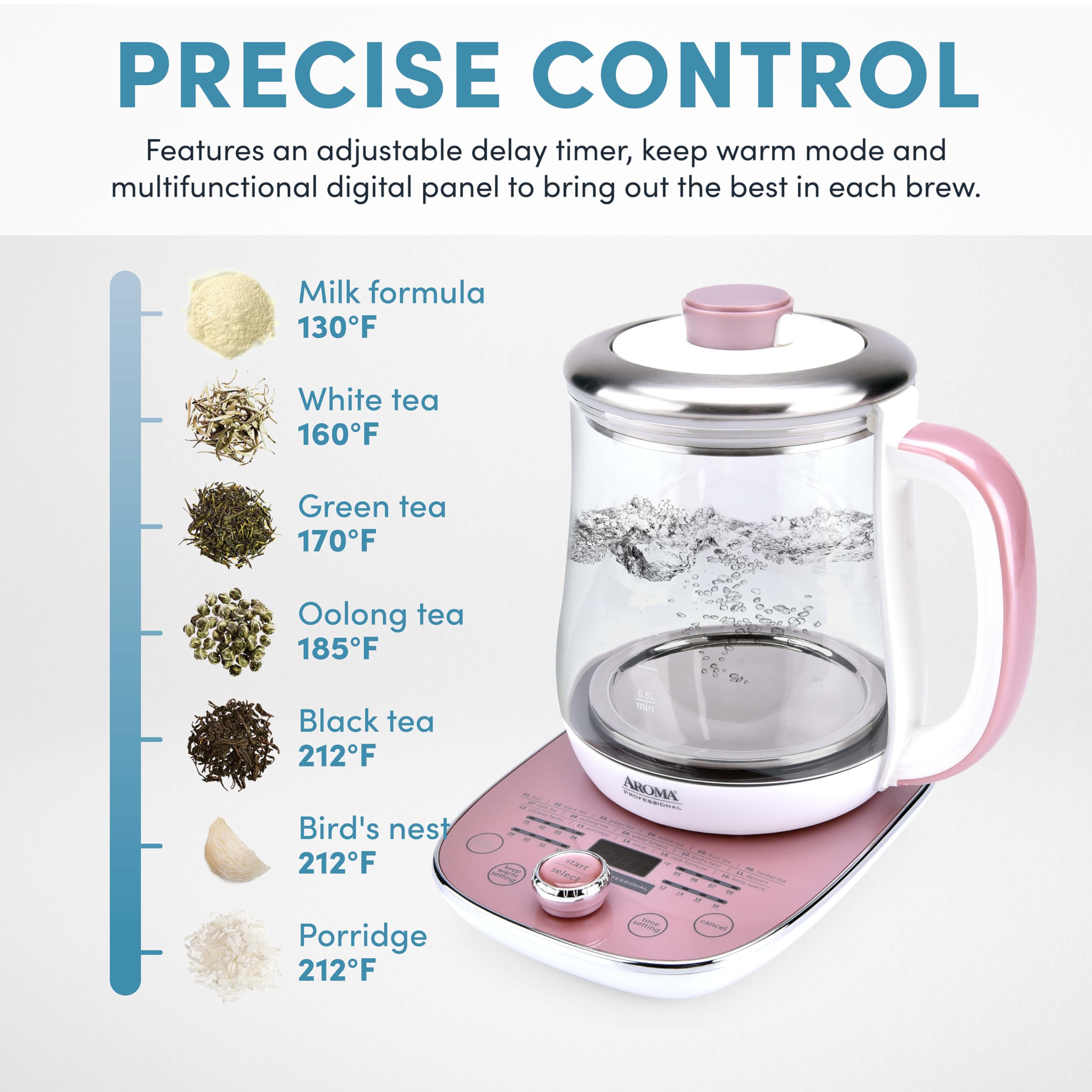 Aroma Professional Awk-701 16-In-1 Nutri-Water, Green, Fruit, Flower Tea, Coffee, Multi-Use Kettle, Delay Timer, 1.5L, Pink