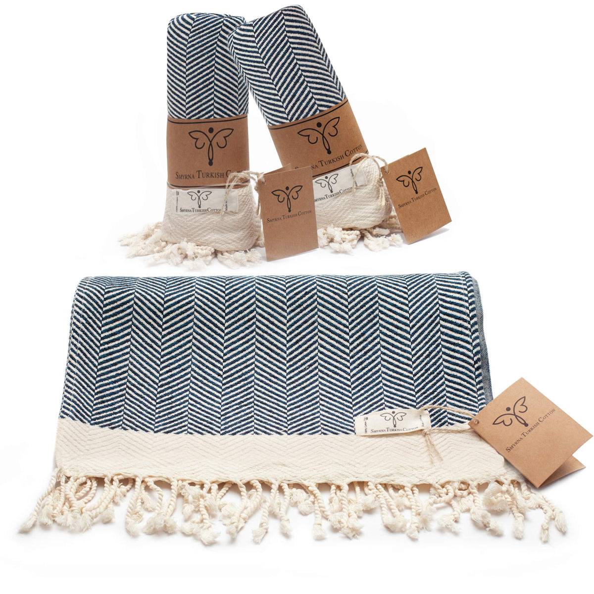 Smyrna Turkish Cotton Herringbone Series Hand Towels-Set Of 2|16 X 40 In|100% Turkish Cotton|Large, Soft Hand And Head Towels Fo
