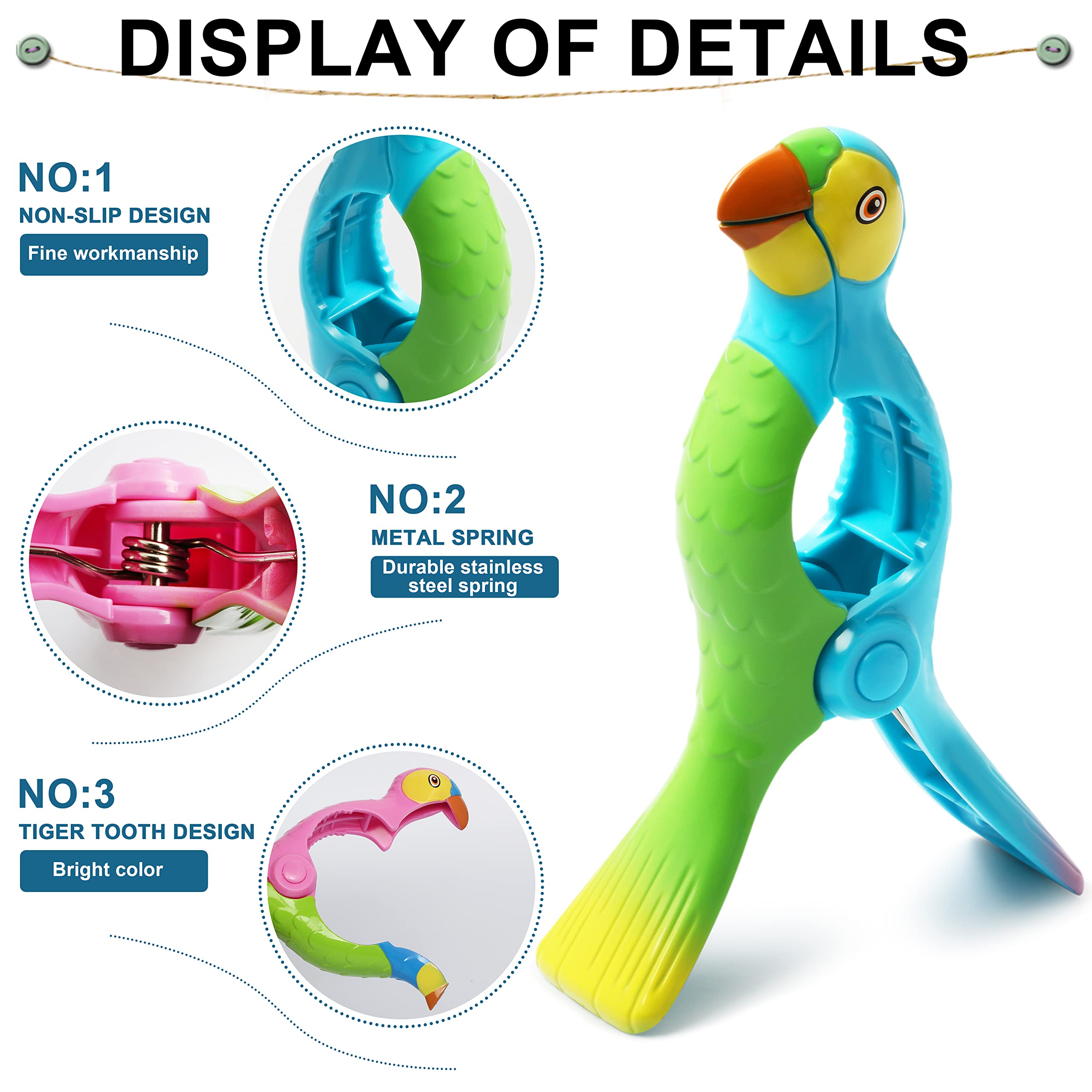 Beach Towel Clips, Kaluofan 4Pcs Towel Clips For Beach Chairs, Strong Beach Chair Clips For Towels, Vivid Parrot Shape Beach Acc