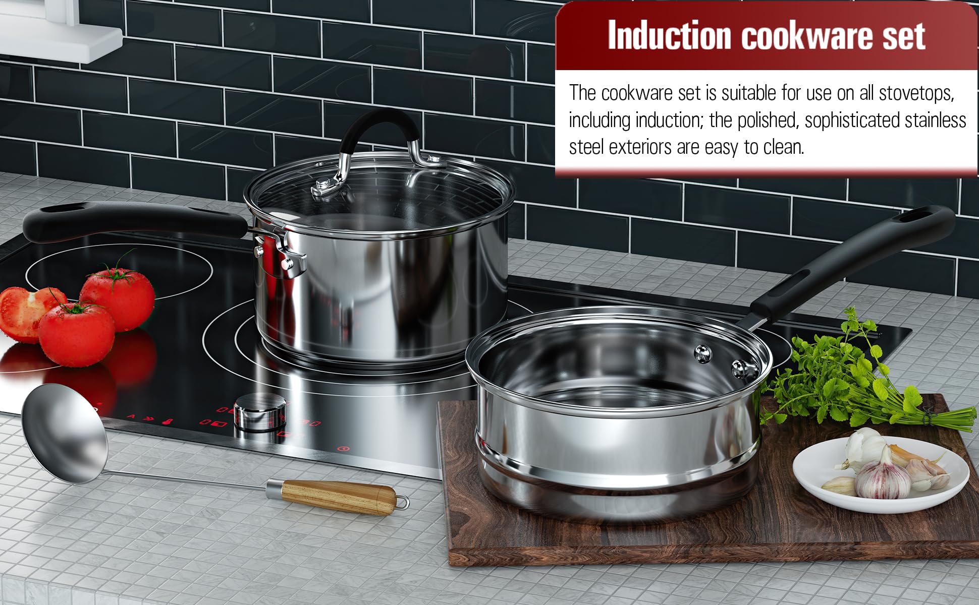 Cook N Home Double Boiler Saucepan 2QT, Stainless Steel, Tempered Glass Lid, Model 02655