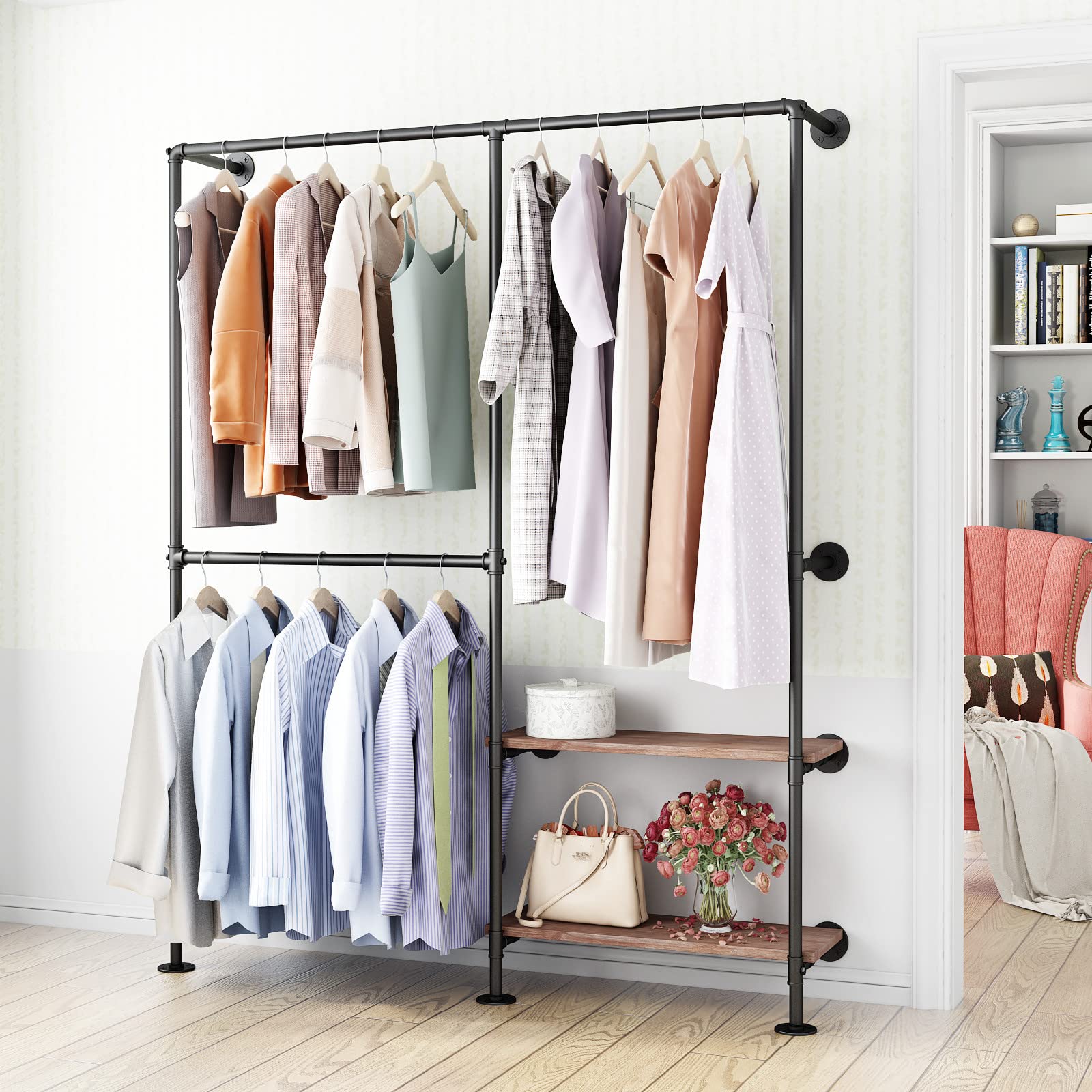 Ironjiazu Industrial Pipe Clothes Racks With Black Shelves, Industrial Pipe Black Clothing Rack With Double Hanging Rods, Heavy