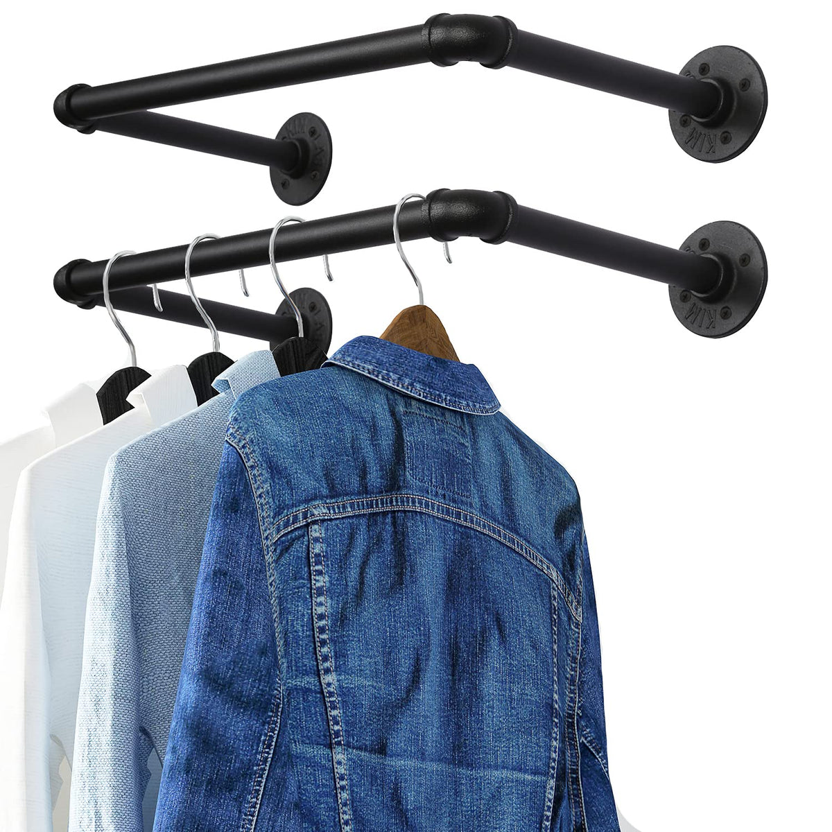 Oropy Industrial Pipe Clothes Rack 21.6    Set Of 2, Heavy Duty Wall Mounted Black Iron Garment Bar, Multi-Purpose Clothing Hang