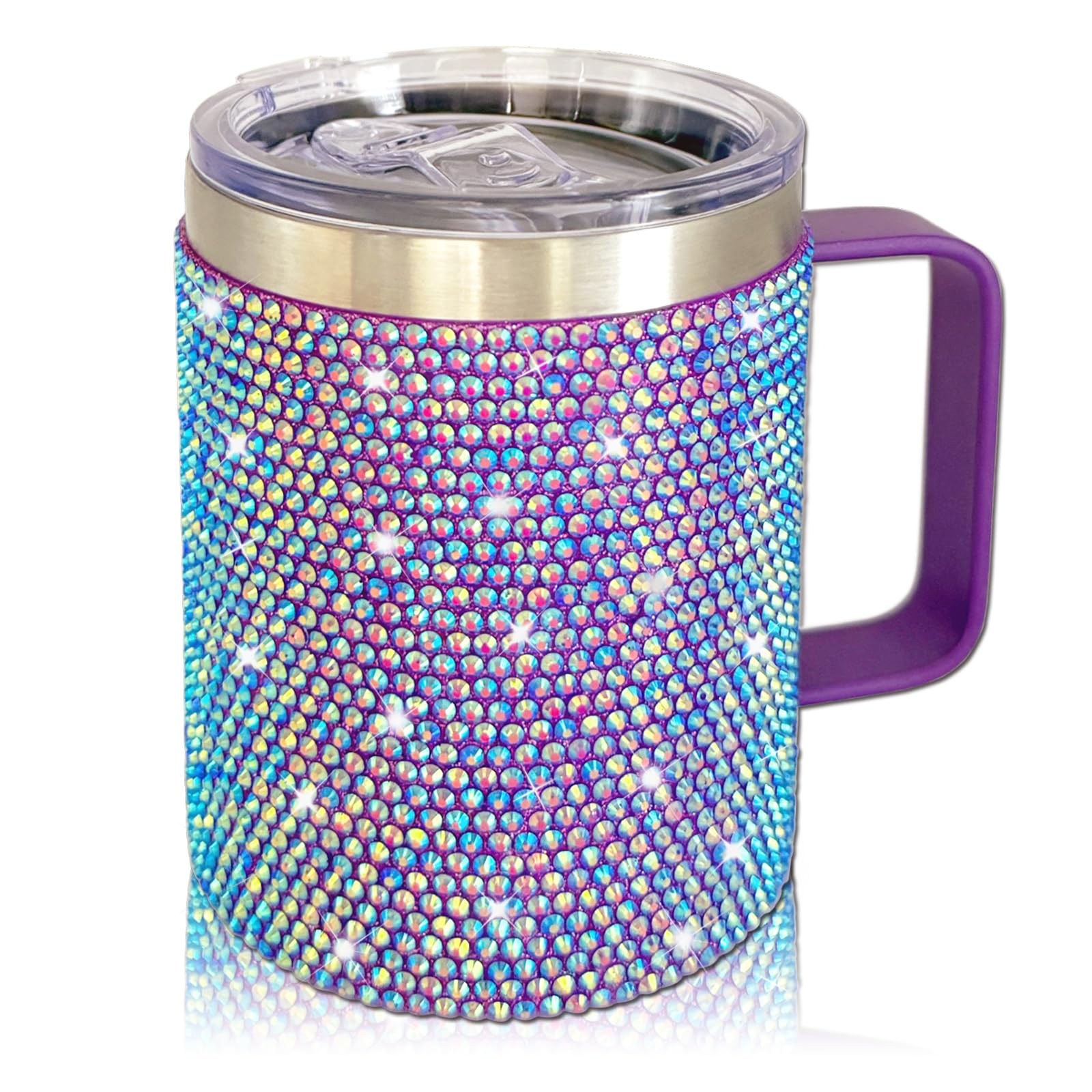 XMYAINA 12oz Bling Travel Coffee Mug with Handle and Lid Rhinestone Insulated Coffee Mug Stainless Steel Vacuum Reusable Glitter