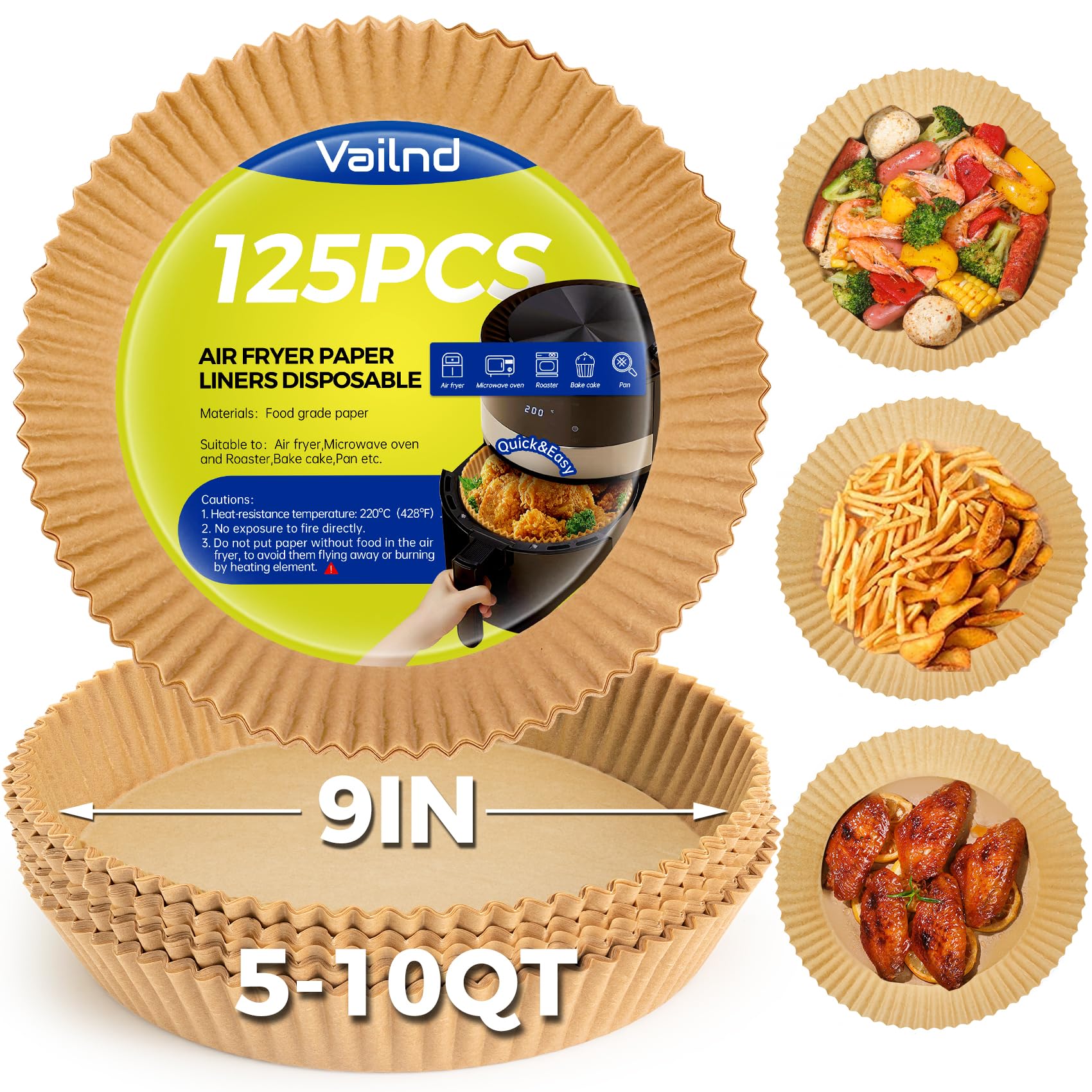 Vailnd 9Inch Round Air Fryer Disposable Paper Liners, 125Pcs Non-Stick Food Grade Air Fryer Parchment Liner, Oil Resistant, Wate