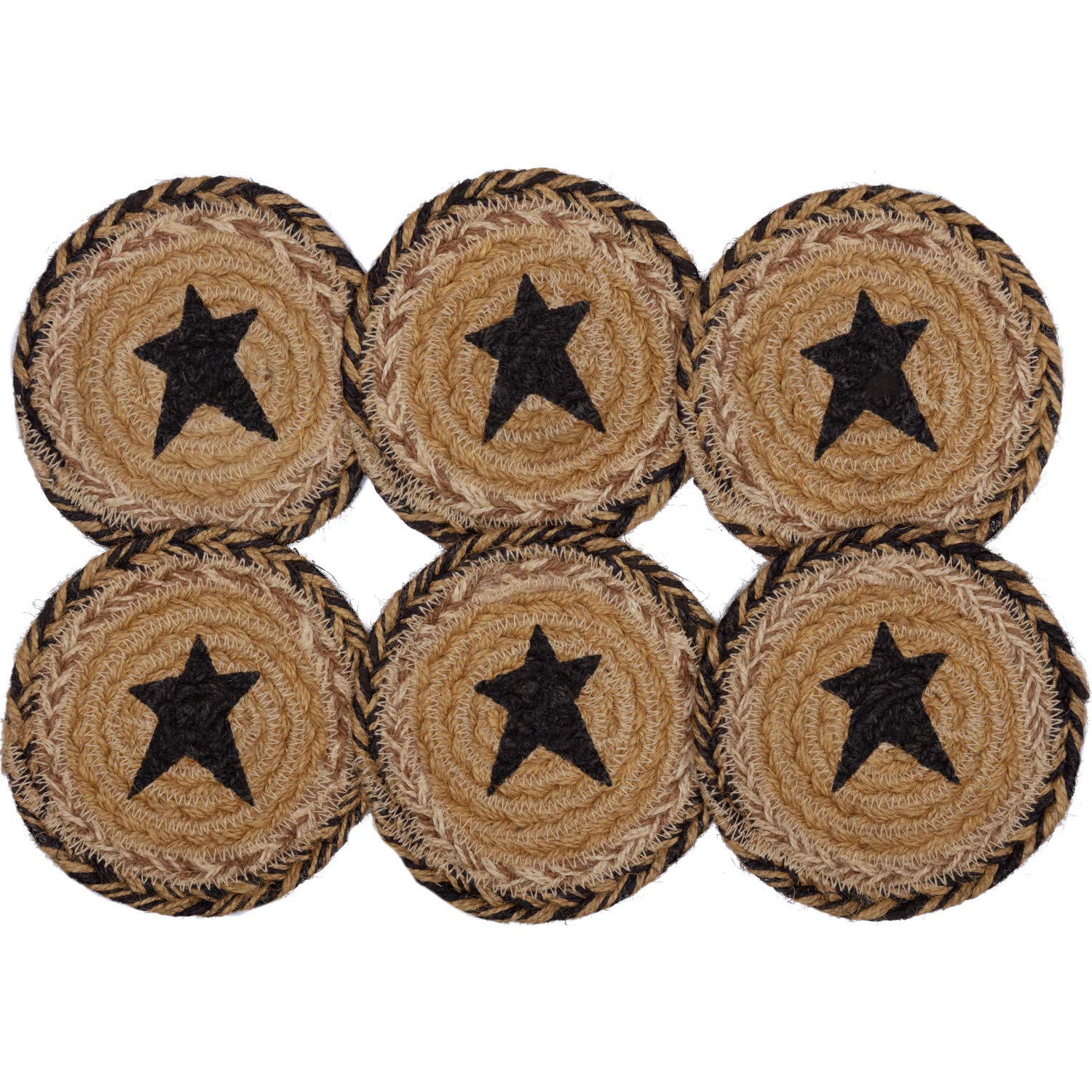 Vhc Brands Kettle Grove Primitive Jute Tan Textured Round Kitchen Coaster Stencil Star Set Of 6 4''