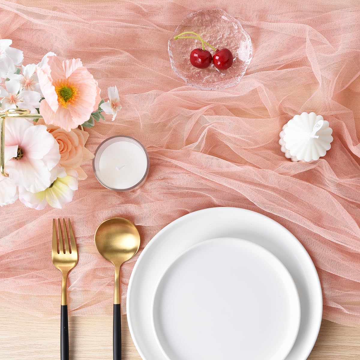 Joanlody Coral Pink Cheesecloth Table Runner 10Ft Rustic Gauze Cheese Cloth Table Runner Boho Fall Thanksgiving Table Runner For