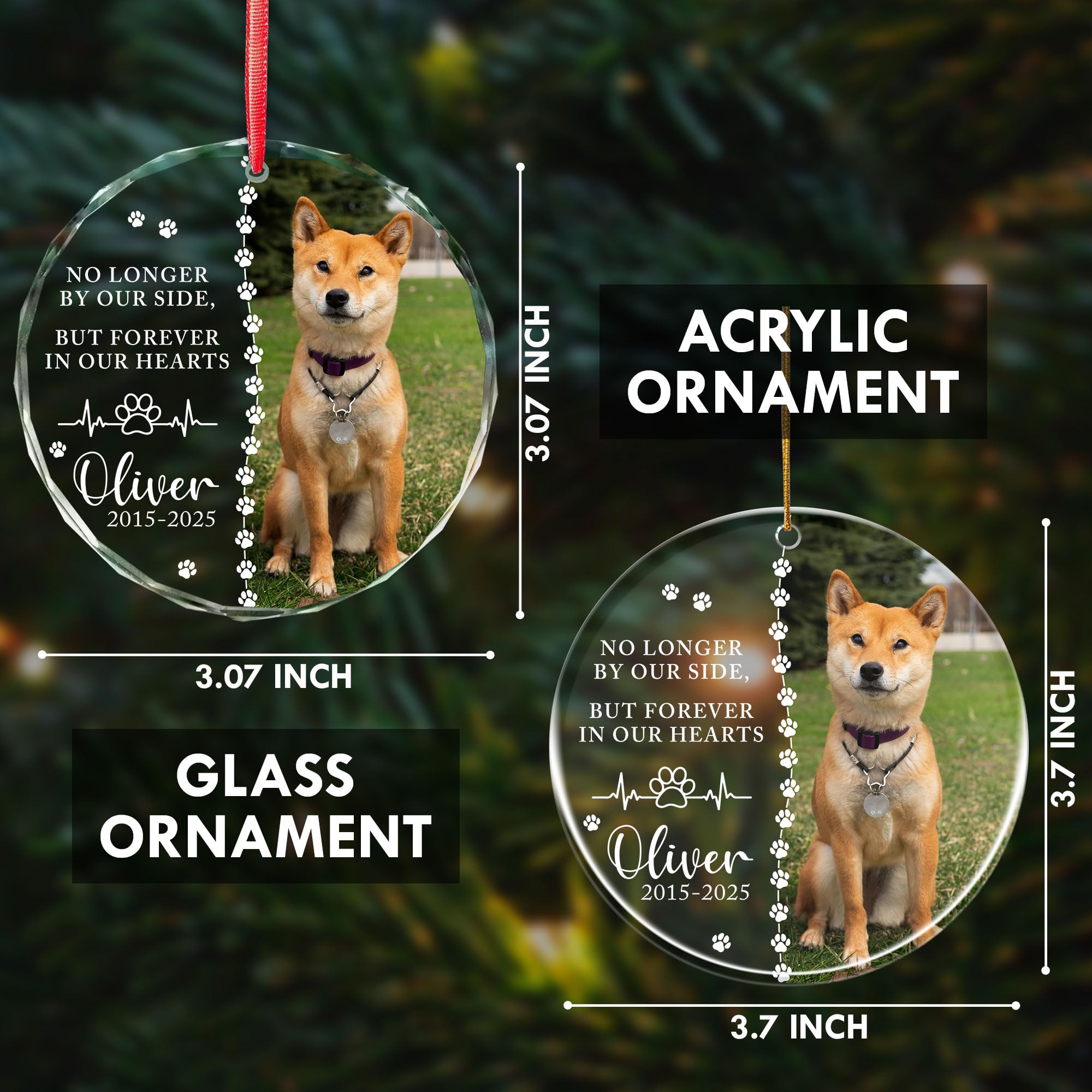 Custom Dog Photo Memorial Christmas Ornaments 2025 - Dog Loss, Pet Sympathy, Remembrance Keepsake - No Longer by Our Side Glass