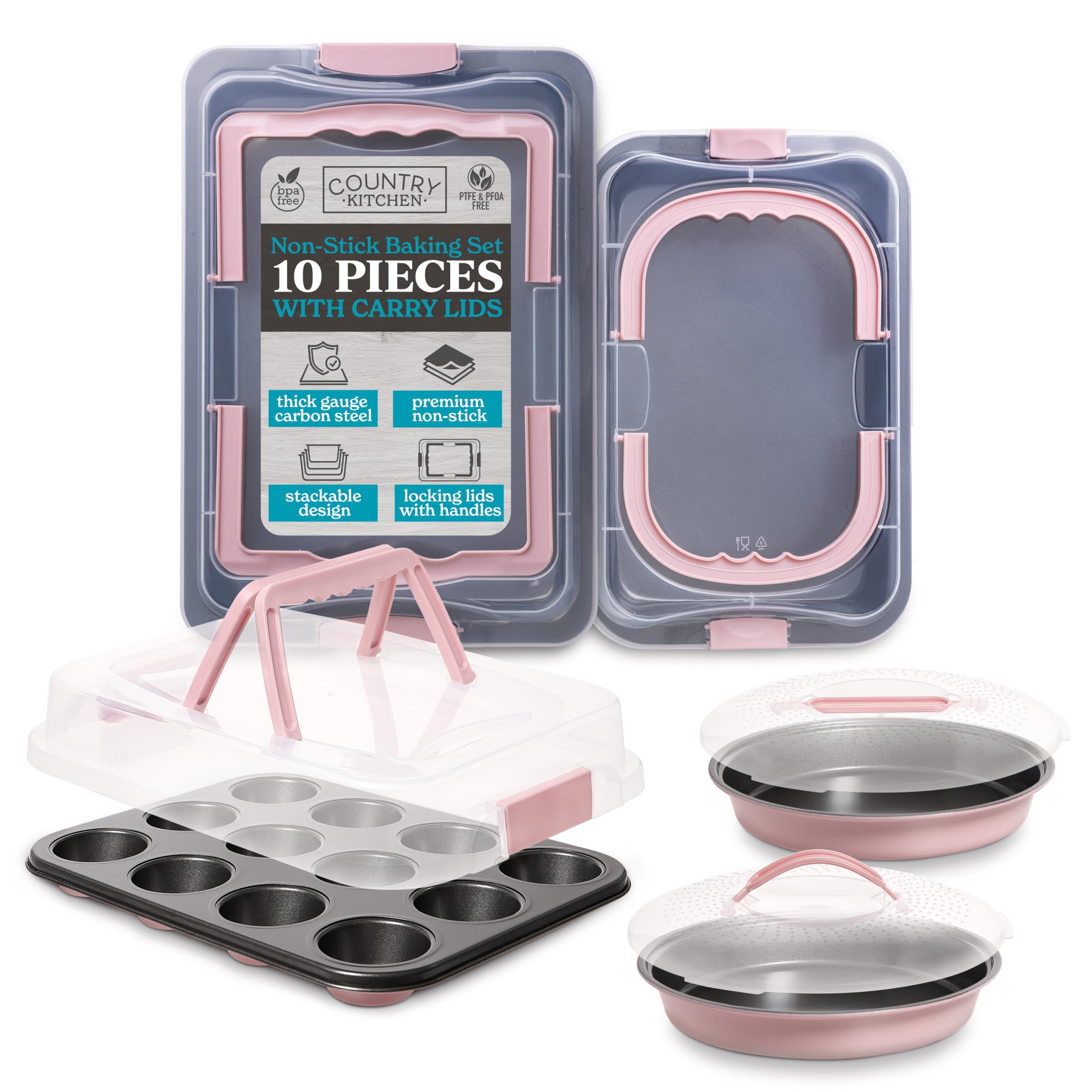 Country Kitchen Baking Pans Set  10 Piece NonStick Cake Pans with Carry Lids for Easy Storage & Travel, Perfect for Parties  