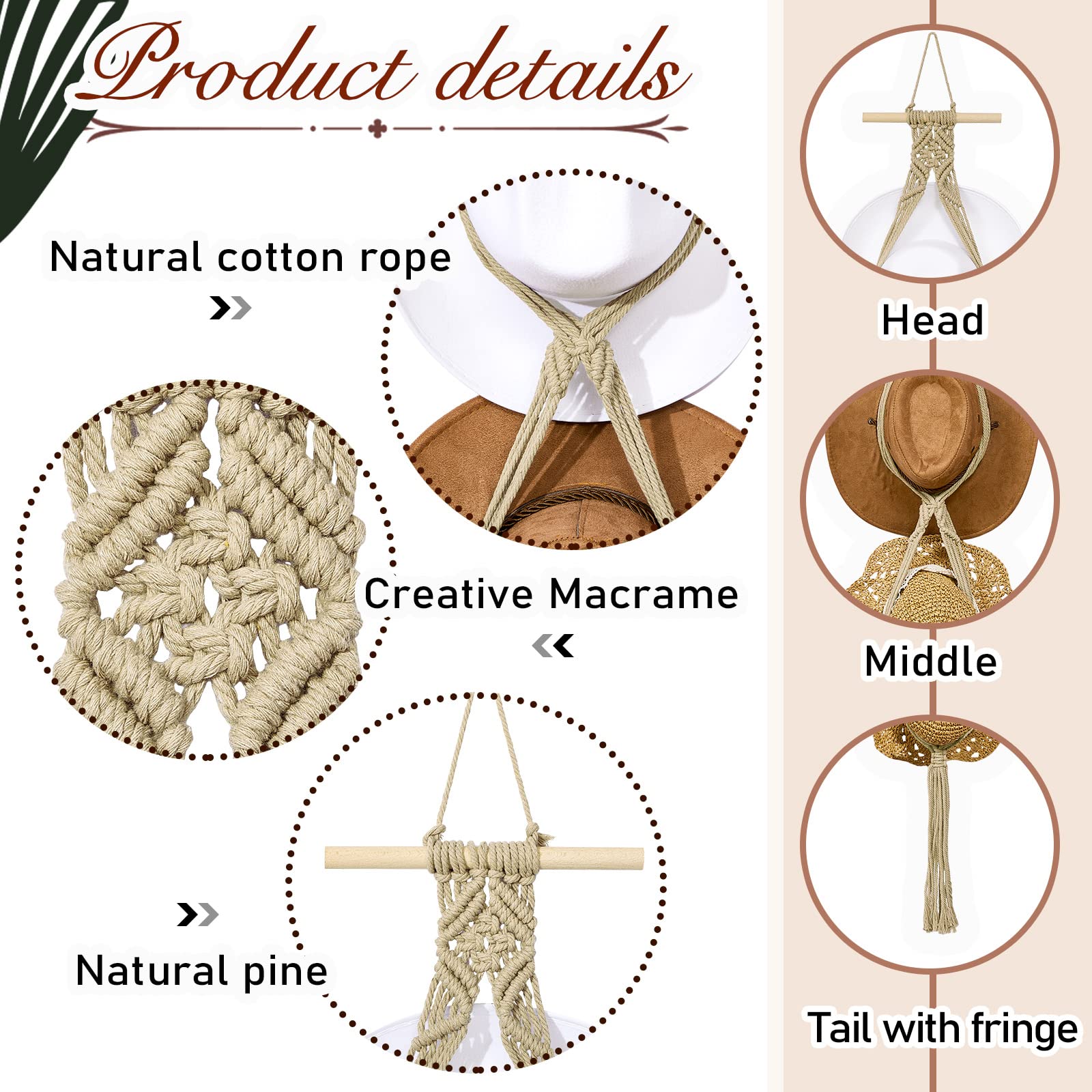 Yulejo Macrame Hat Hangers Boho Hat Rack Cowboy Hat Hanger Back Of Door Hat Organizer (Beige,Five Hats Style)