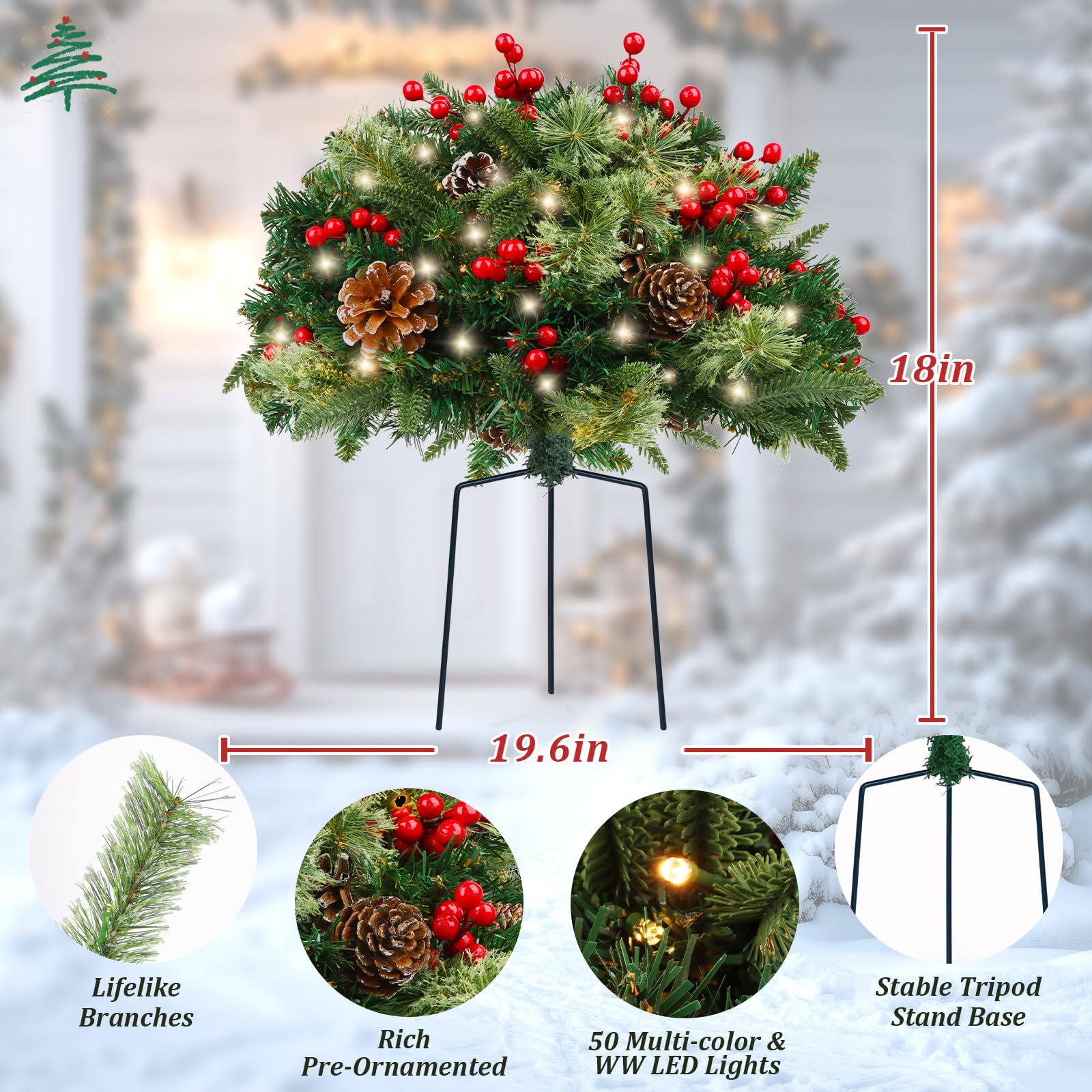 TOWPONICS Set of 2 Outdoor Christmas Trees Urn Filler, 18in Prelit Battery Operated Artificial Small Xmas Tree Holiday D  cor wi