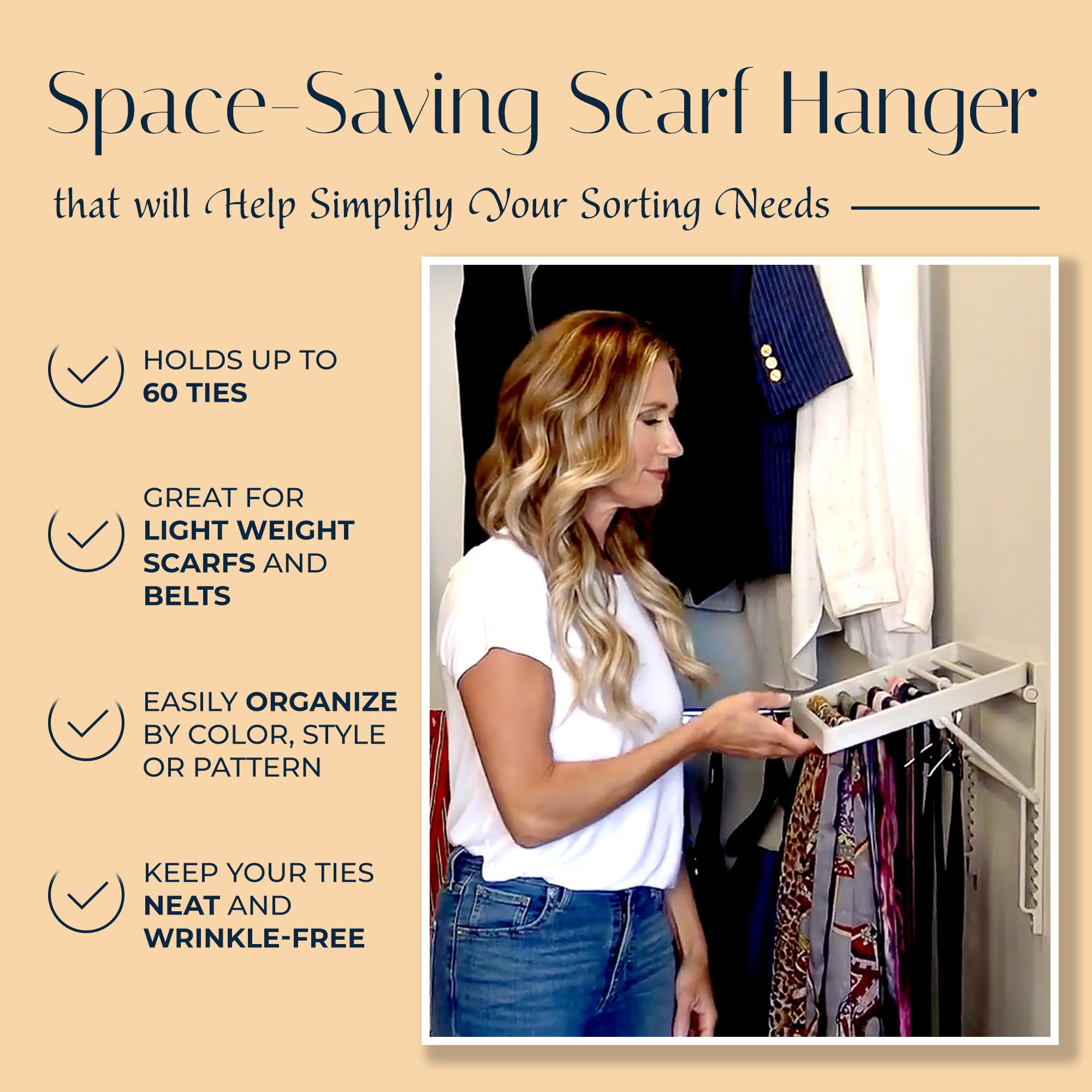 Tie And Scarf Organizer, Tiemaster Battery-Free Organizer, Holds 60 Ties And Scarves, Easy Installation, Sleek Design, Preserve