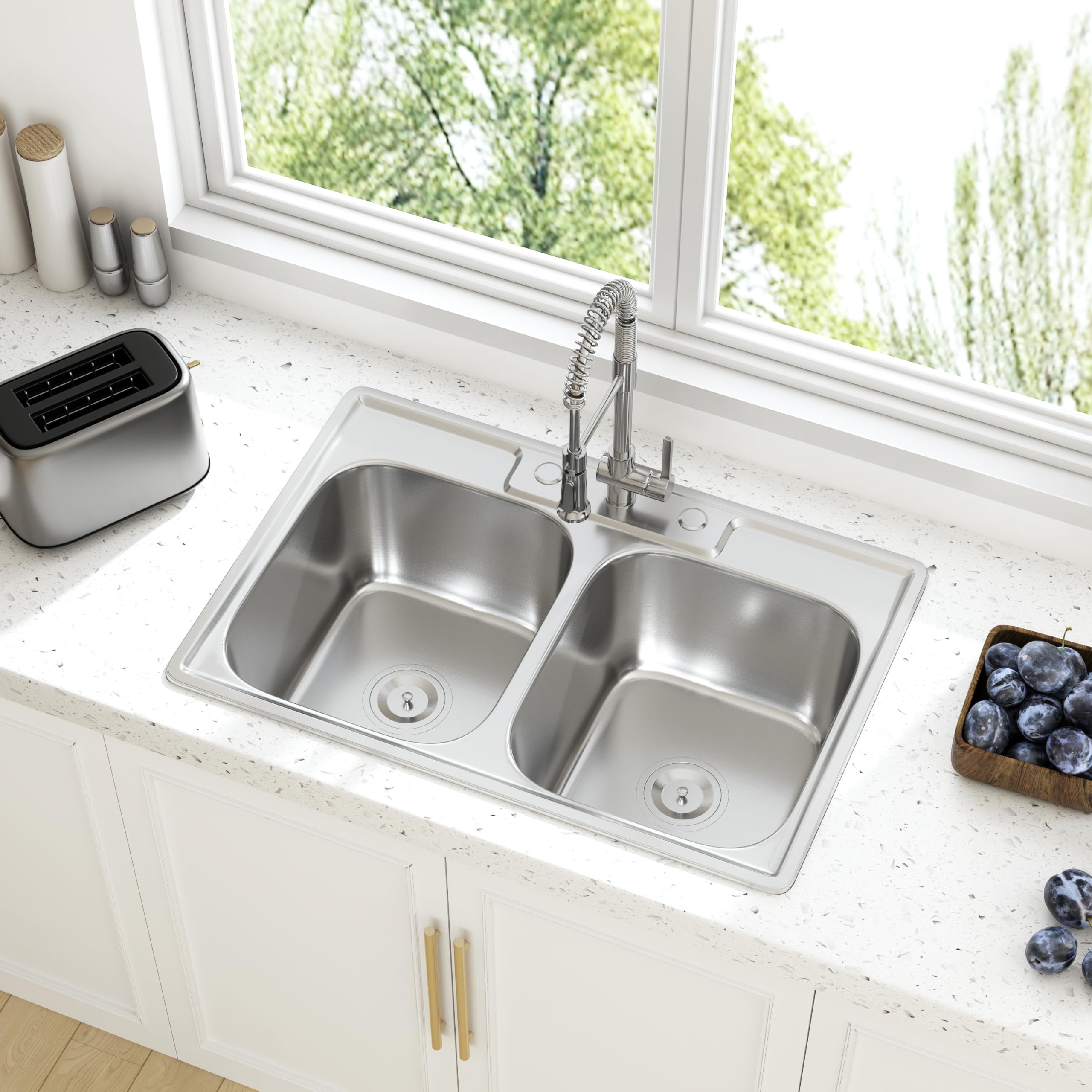 Joviprime 33 Inch Double Bowl Drop In 50/50 Kitchen Sink Top Mounted 18 Gauge 304 Stainless Steel Sink With Strainer 33'' X 22''