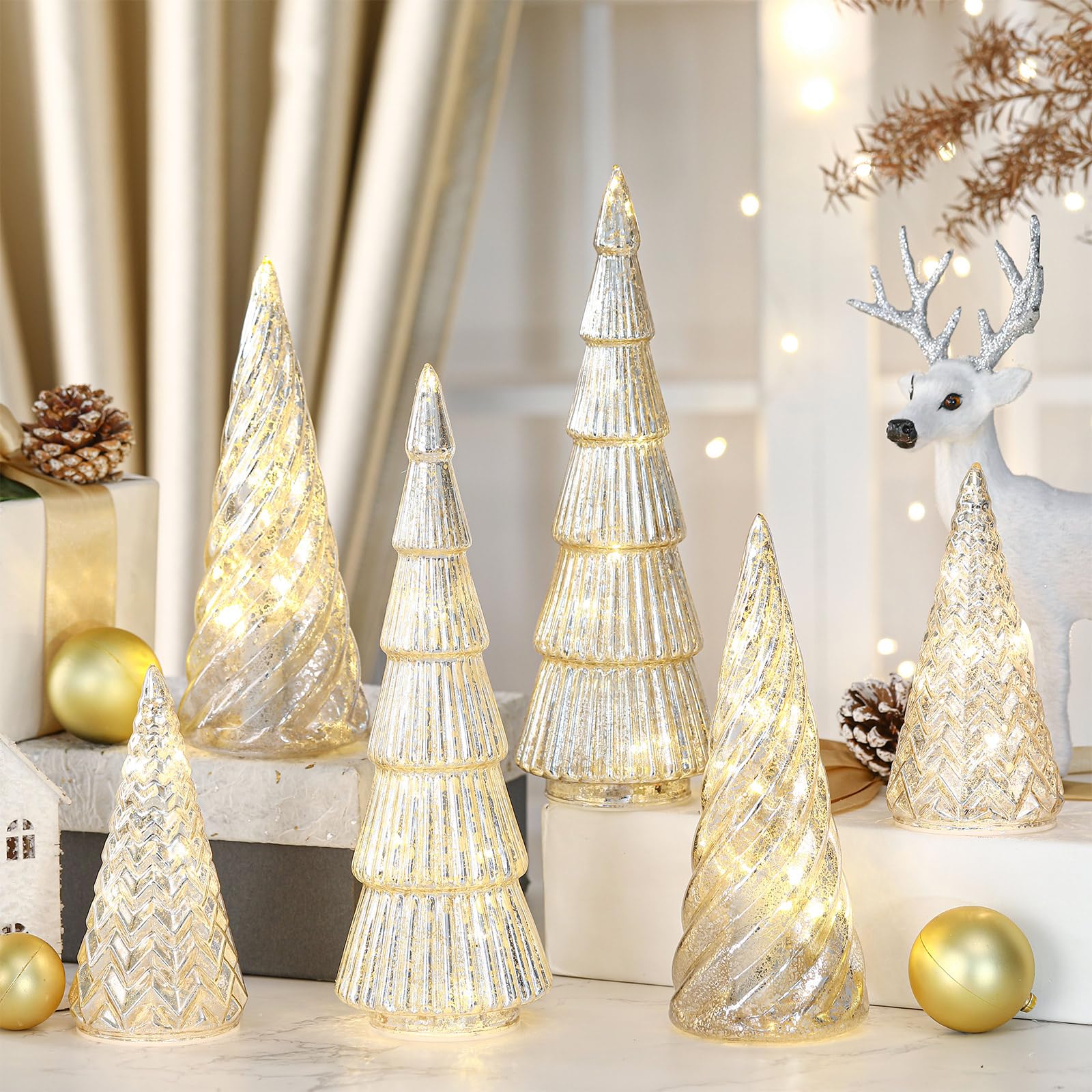 LOYIM 6 Pcs Mercury Glass Christmas Tree Silver Plate Glass Figurines with LED Fairy Lights 11 in Tall Silver Finish Light up Ch