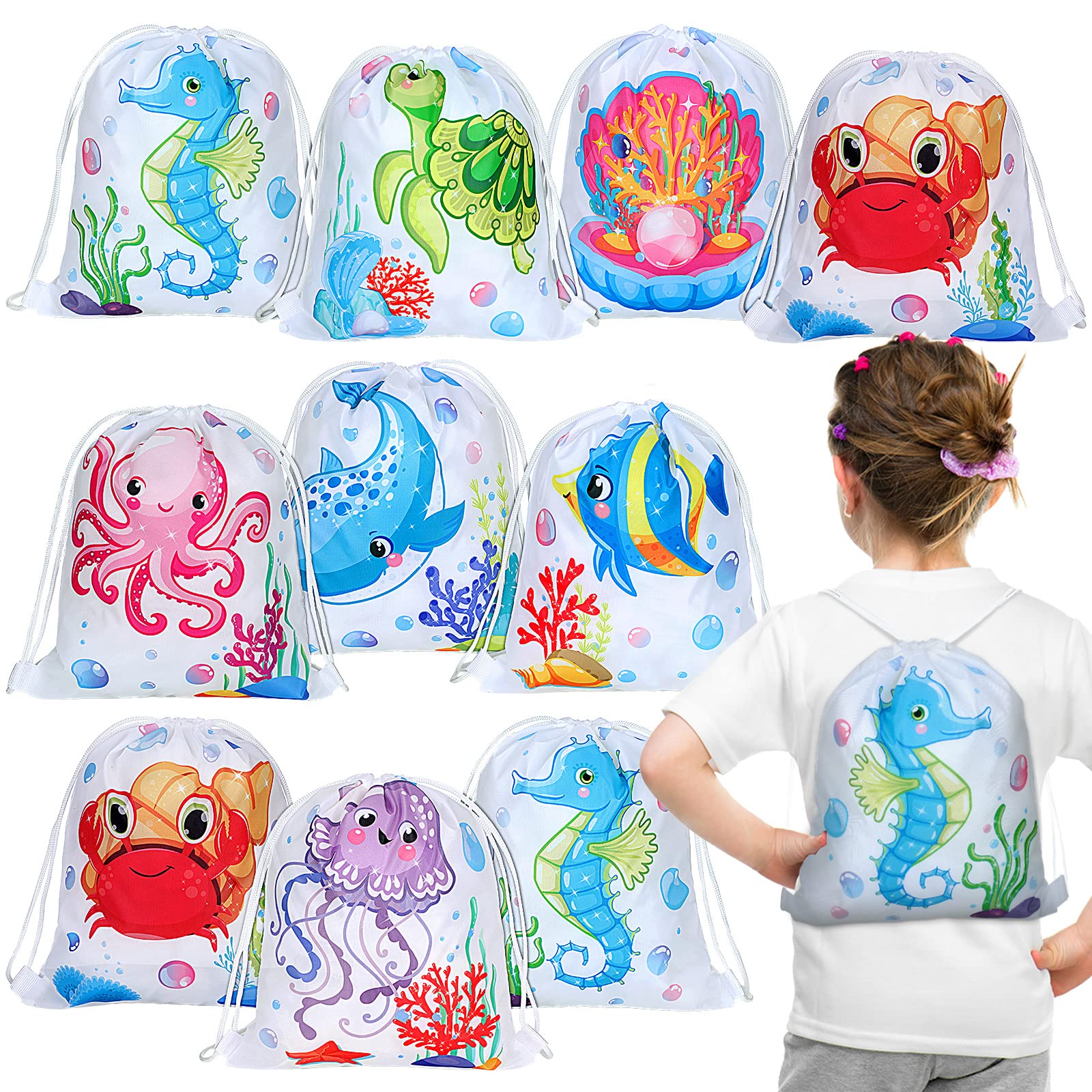 Woanger 16 Pcs Under The Sea Party Bags Ocean Drawstring Party Favor Bags Sea Animal Drawstring Bags Reusable Sea Life Goodie Ca