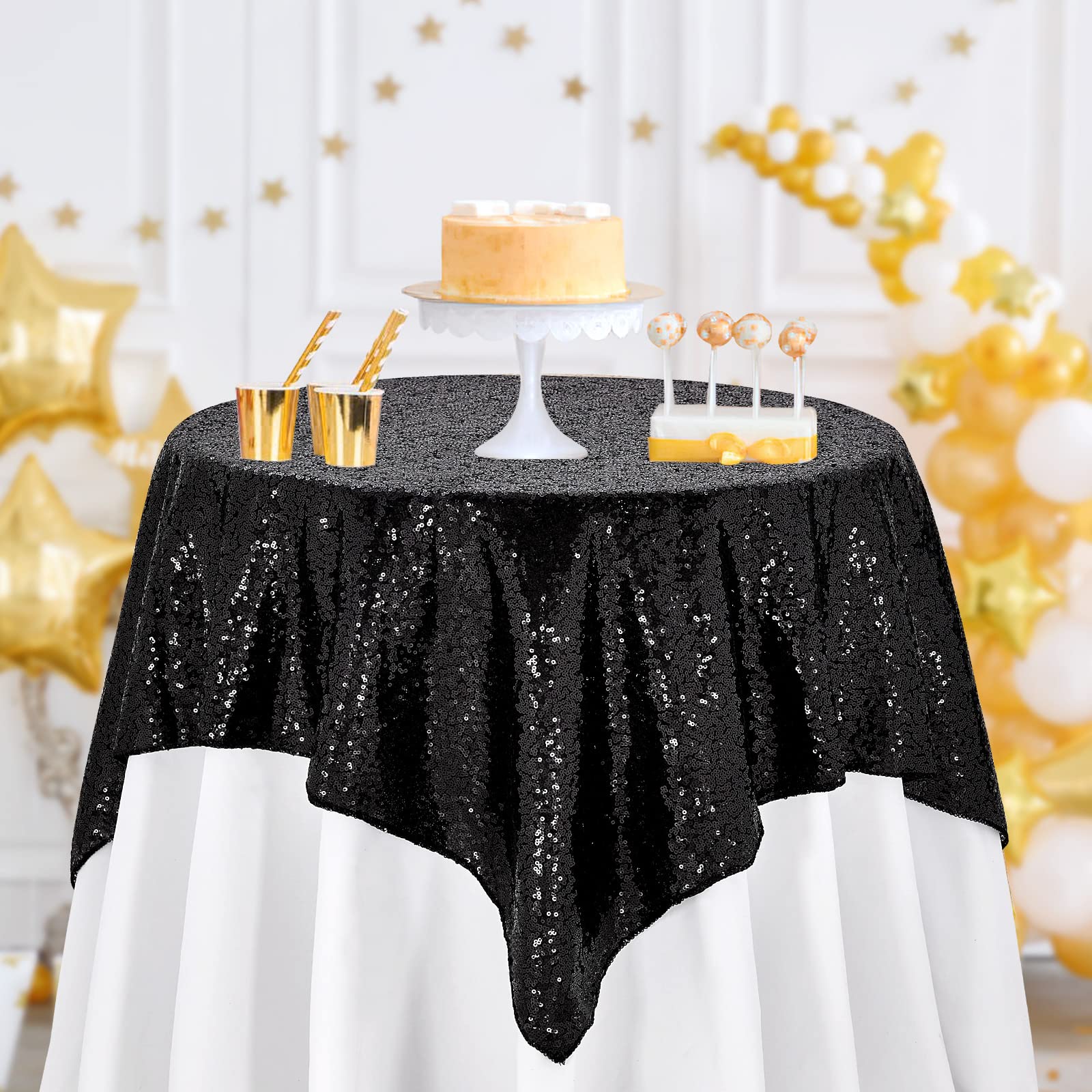 B-COOL Black Sequin Table Overlay 50x50 inch Square Sequin Tablecloth Halloween Sparkle Glitz Tablecloth Popular Sequin Decorati