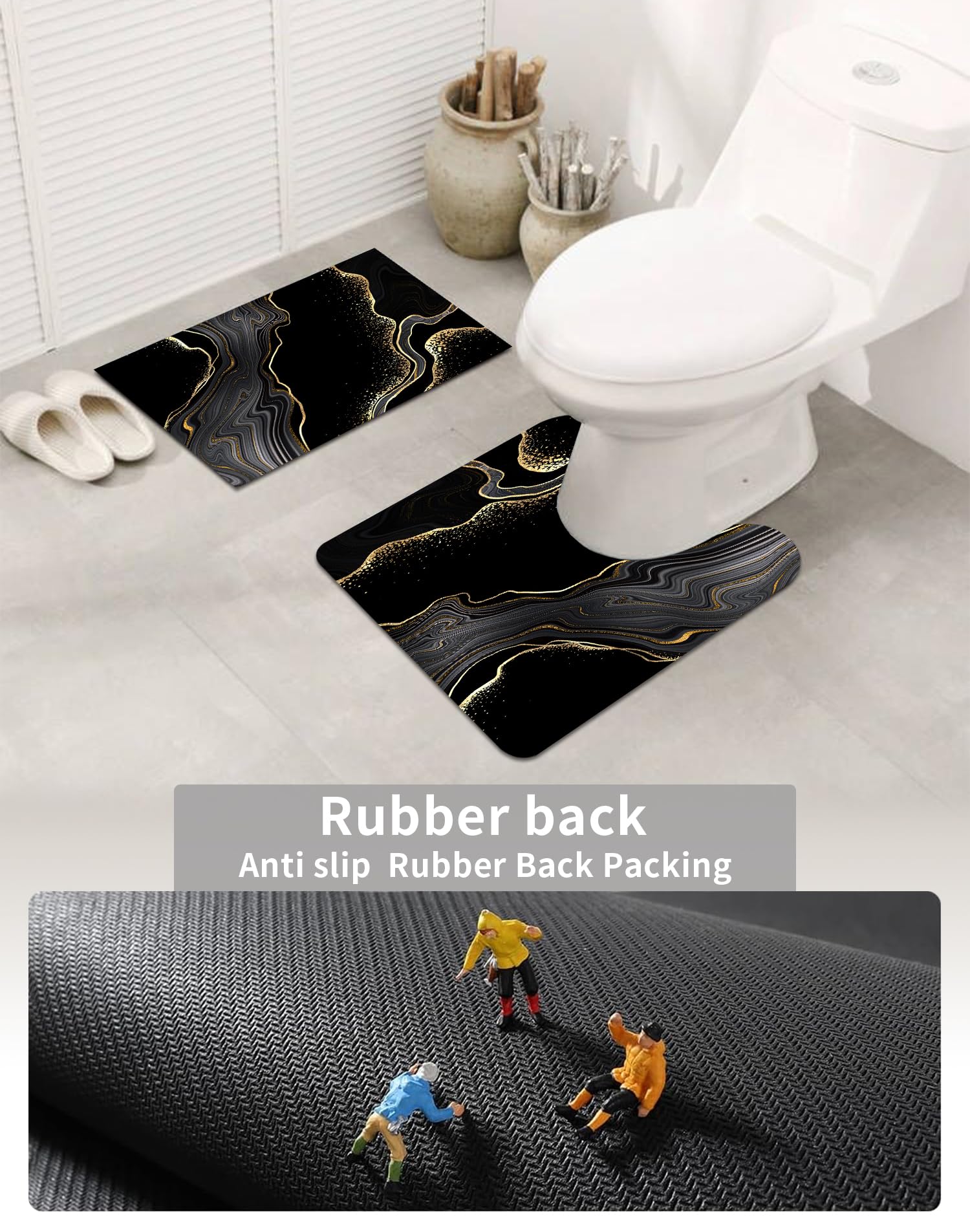 Black Gold Bathroom Rugs Sets 3 Piece Abstract Bath Mat Sets Thin Rubber Diatomaceous Earth Quick Dry Rugs Water Absorbent Floor